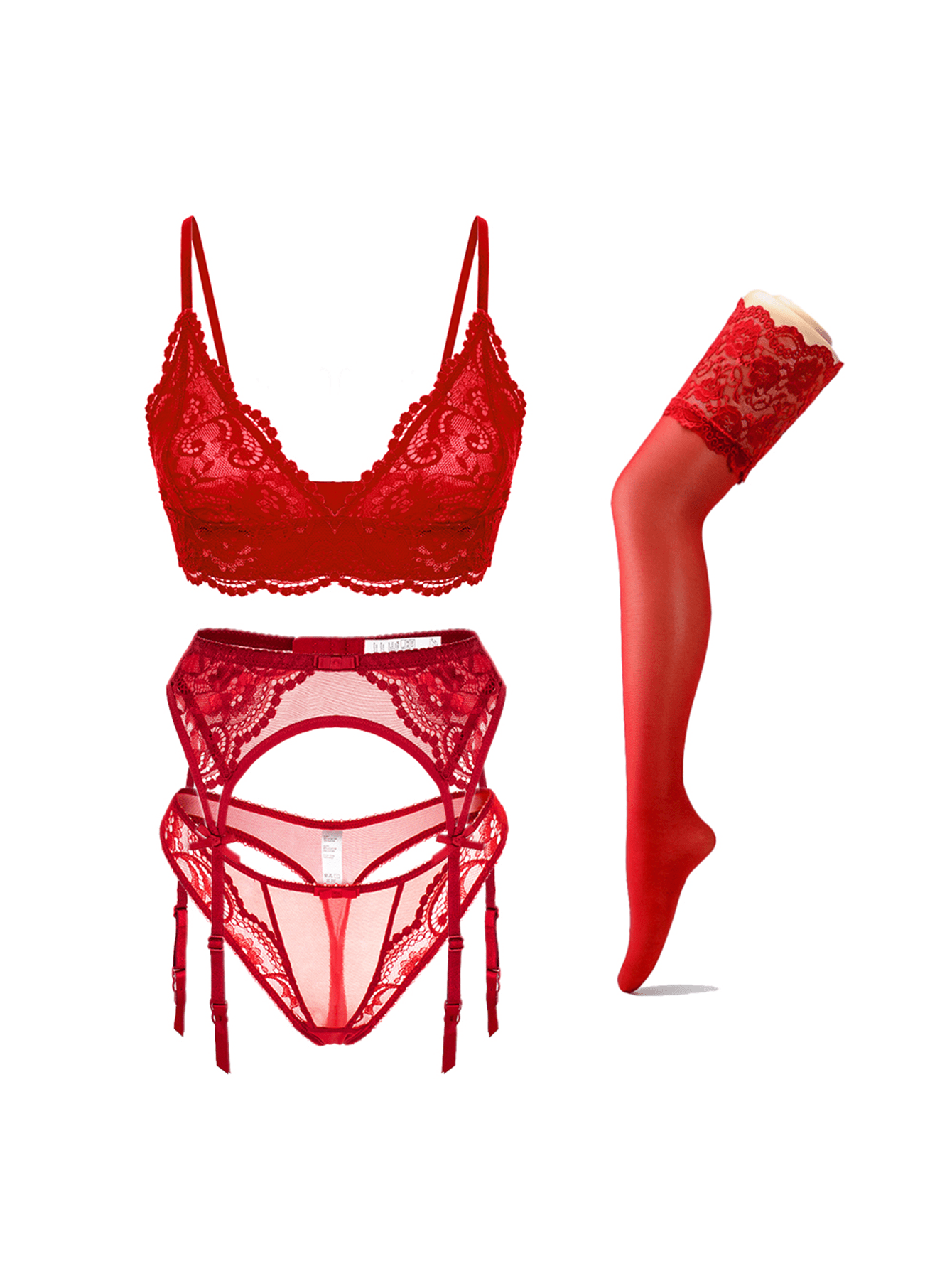 Women’s floral lace garter lingerie 4-piece set with a plunge wireless bra, adjustable straps, low-rise hipster panty, and cut-out details.