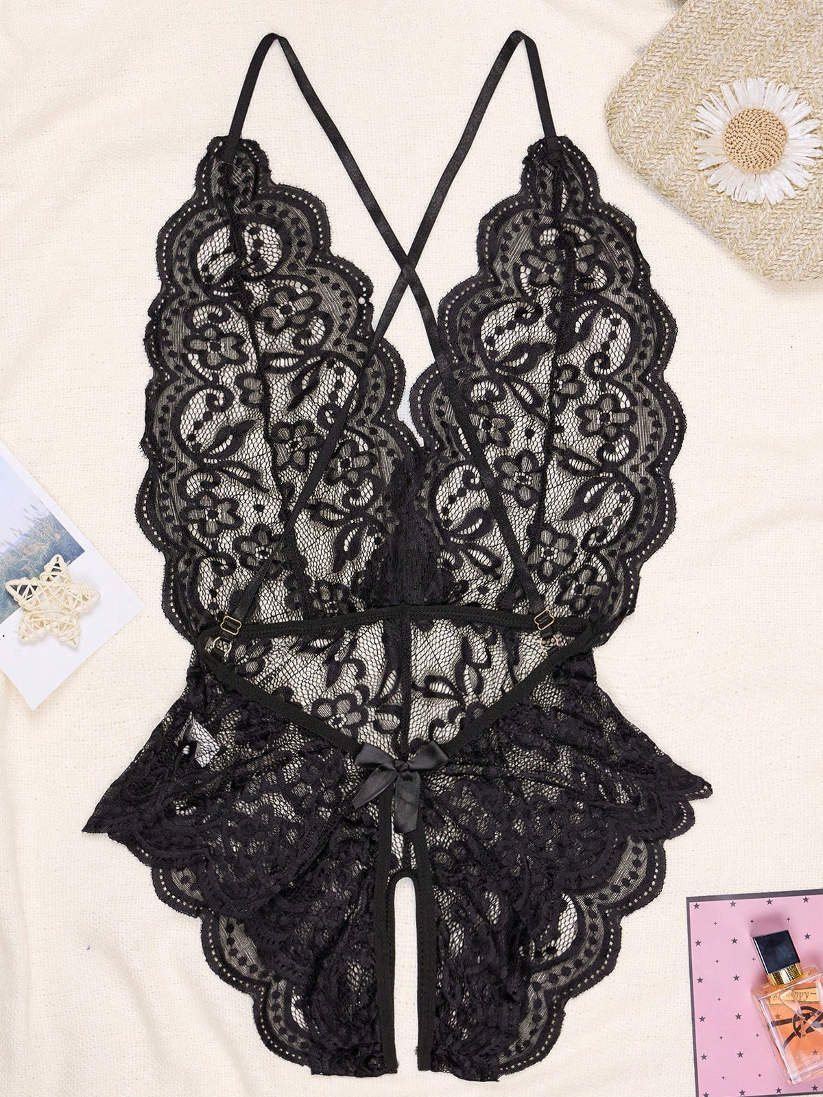 1pc Sexy Halter Neck Lace Bodysuit With Backless Design For Rave