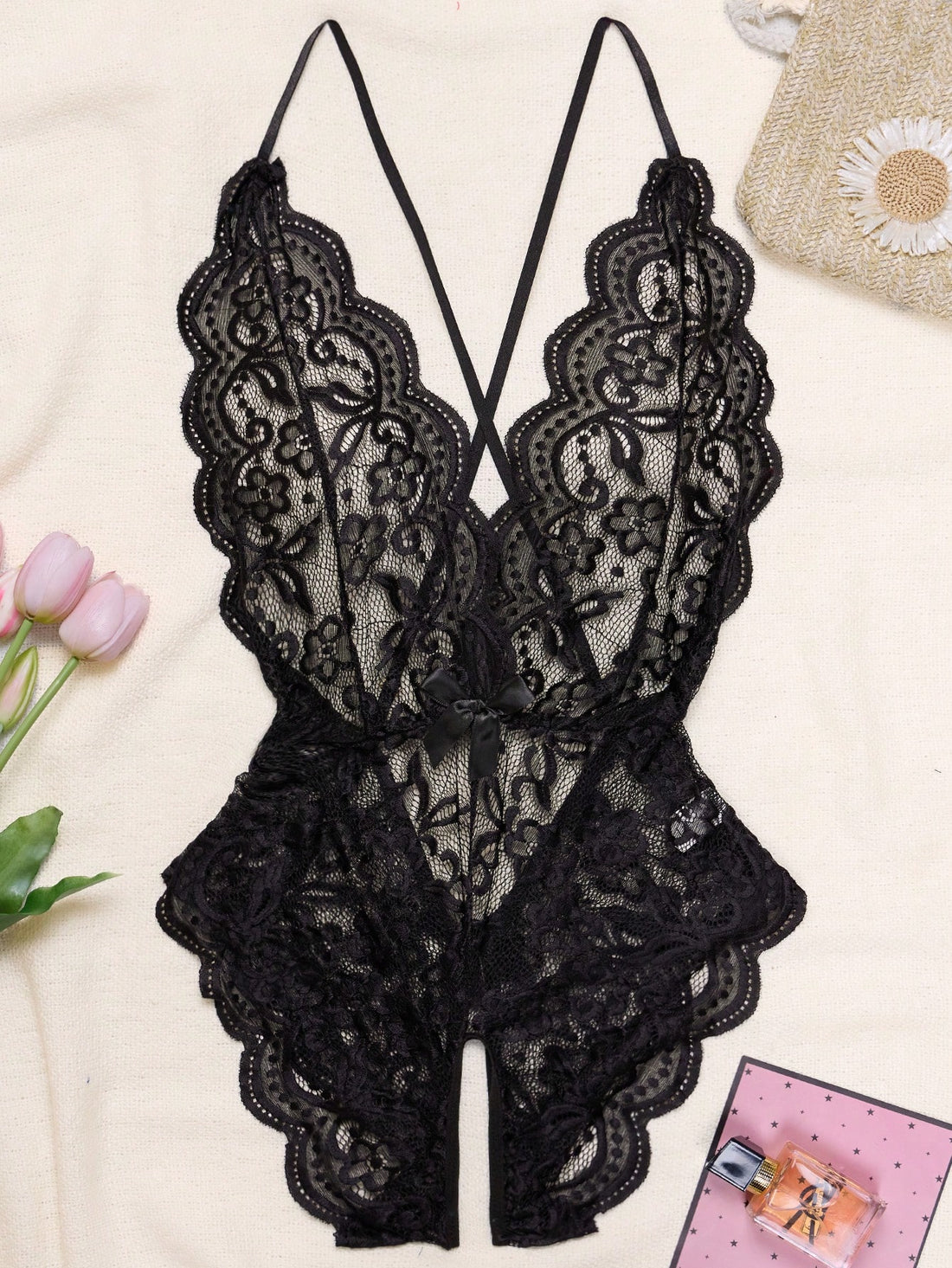 1pc Sexy Halter Neck Lace Bodysuit With Backless Design For Rave