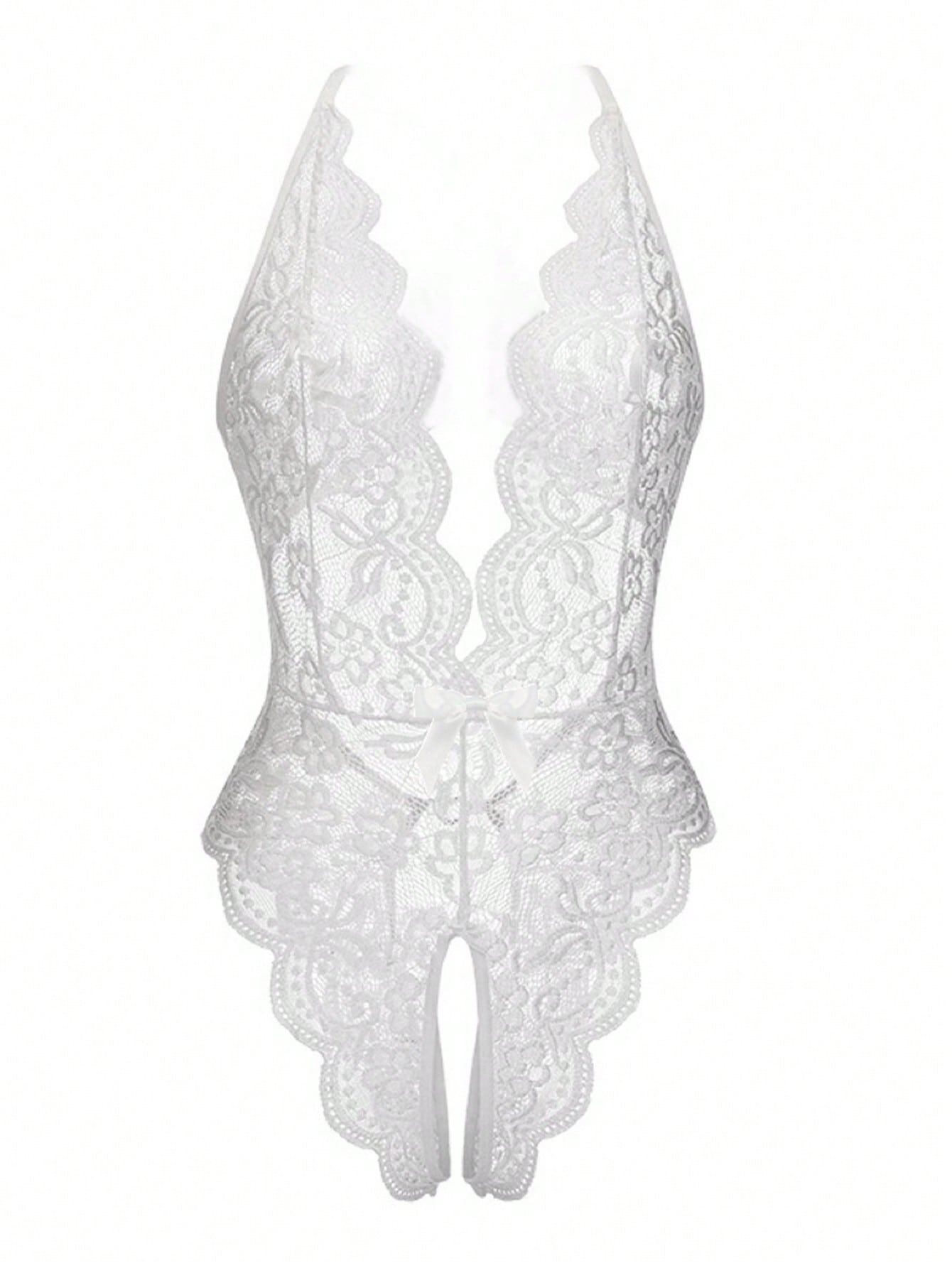 Women’s semi-sheer lace teddy bodysuit with open crotch design, backless criss-cross back, spaghetti straps, plunge underwire full cups, and thong cut.