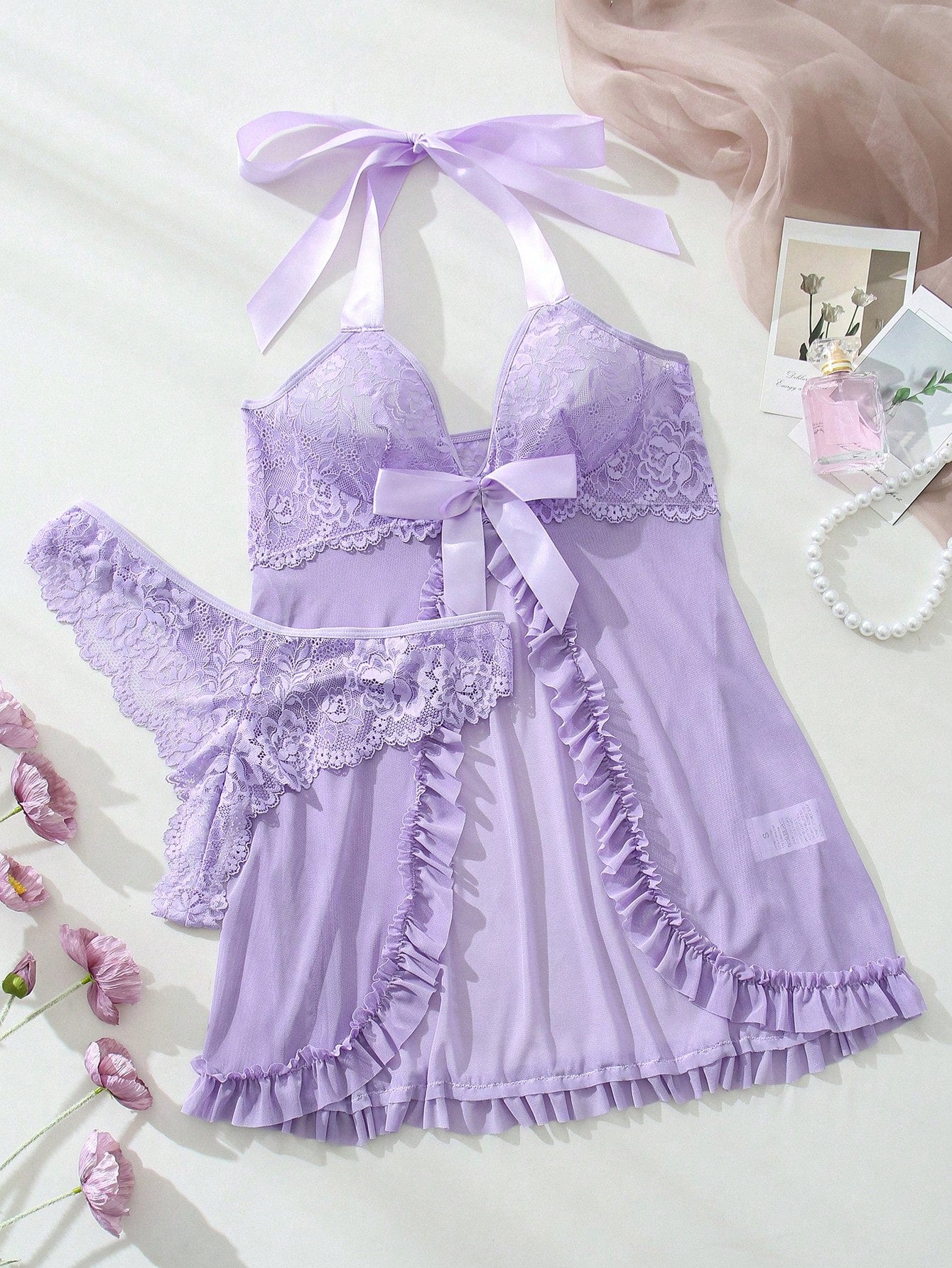 Front Knot Lace Panel Halter Neck Sexy Babydoll Lingerie Dress Bridallingerie