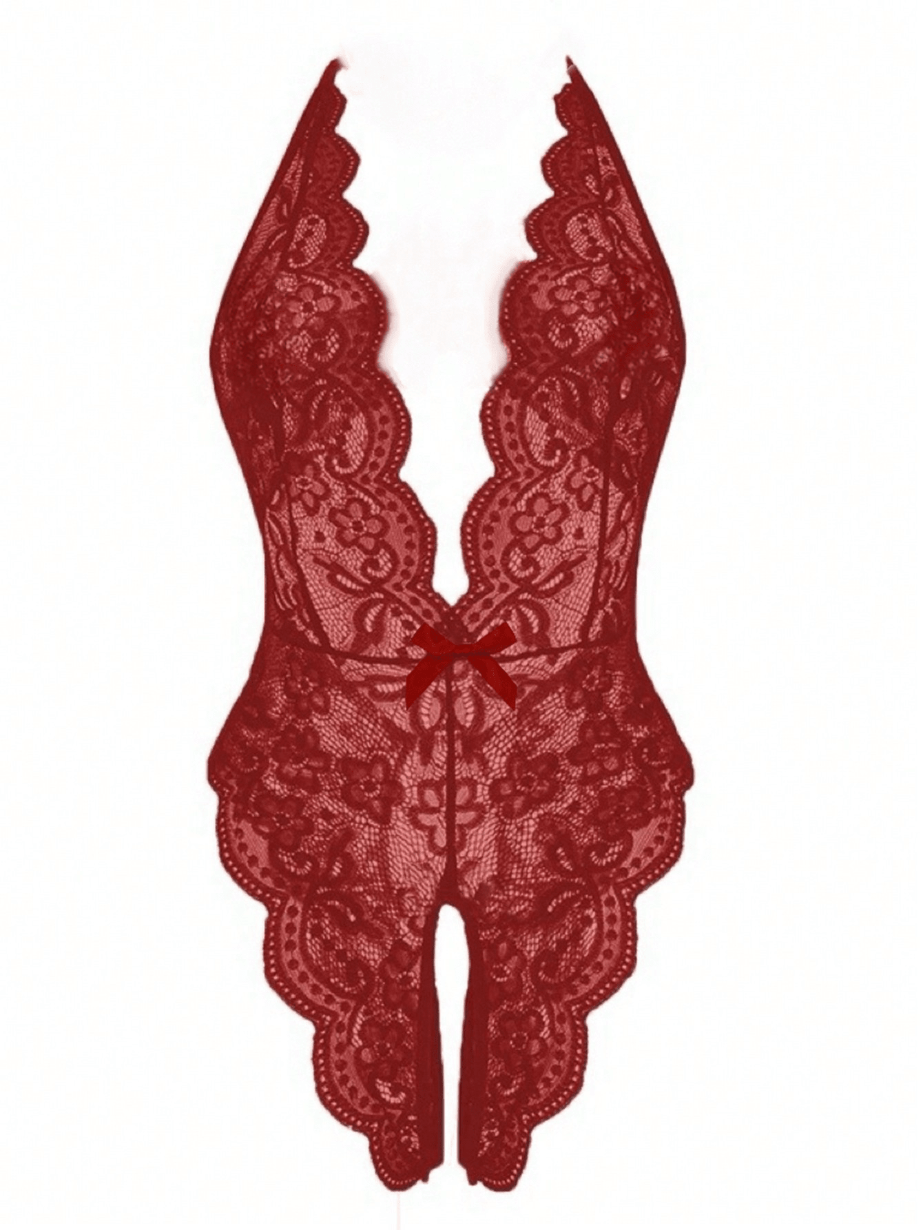 Women’s semi-sheer lace teddy bodysuit with open crotch design, backless criss-cross back, spaghetti straps, plunge underwire full cups, and thong cut.