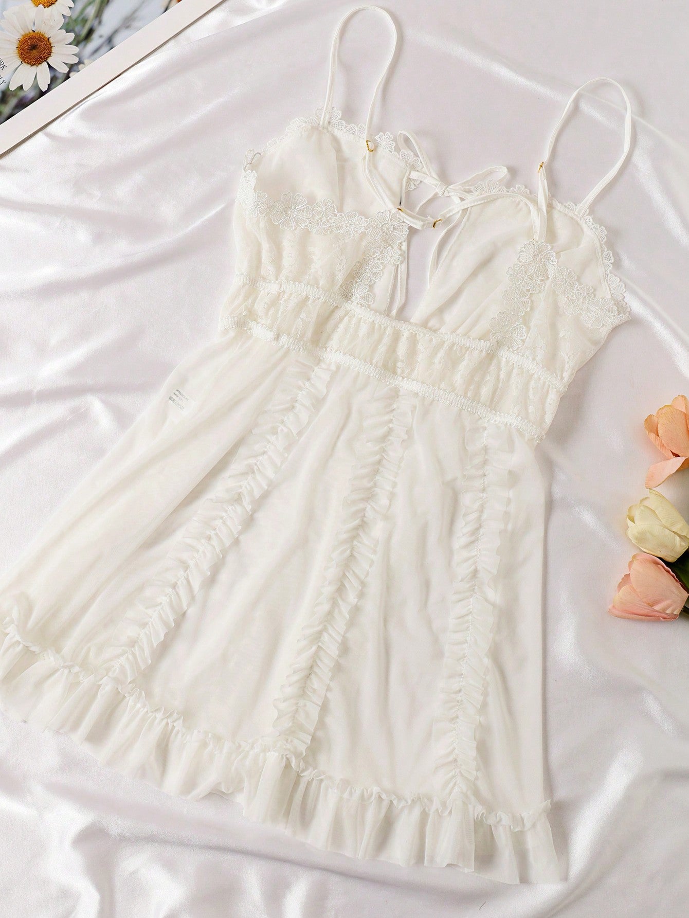 Women Lace Mesh Ruffled Front Split Tie-Front Sleepwear With Thong, Rave