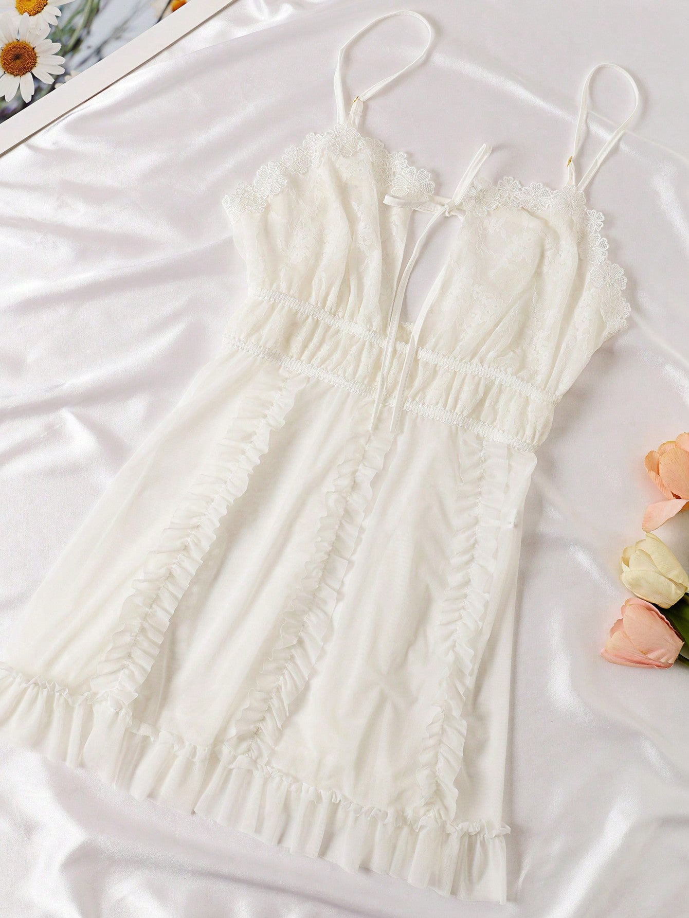 Women Lace Mesh Ruffled Front Split Tie-Front Sleepwear With Thong, Rave