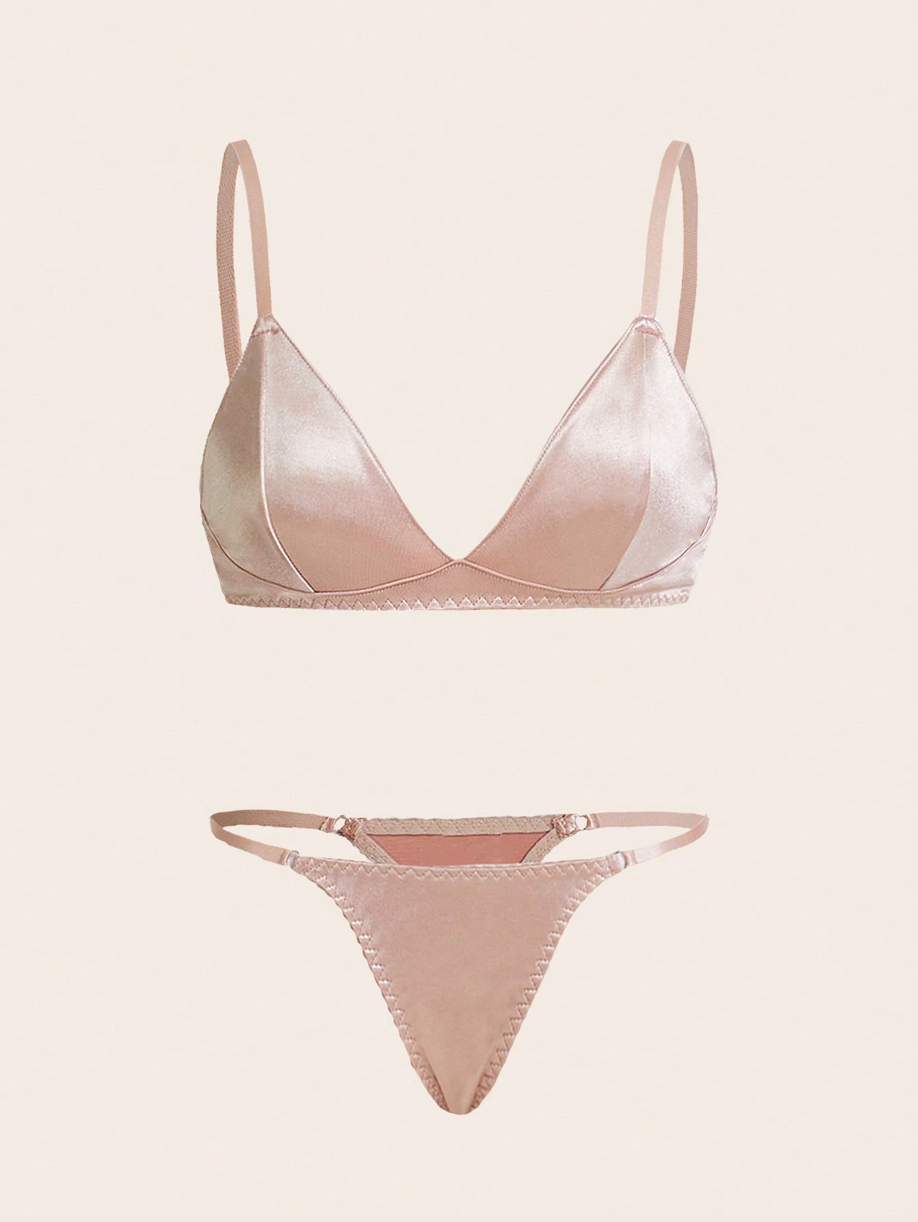 Two-piece minimalist solid color lingerie set featuring a wireless bralette with adjustable straps and removable padding, paired with a low-rise thong. Plain, unlined, and no-show style with slight stretch. Available in Apricot and Black.