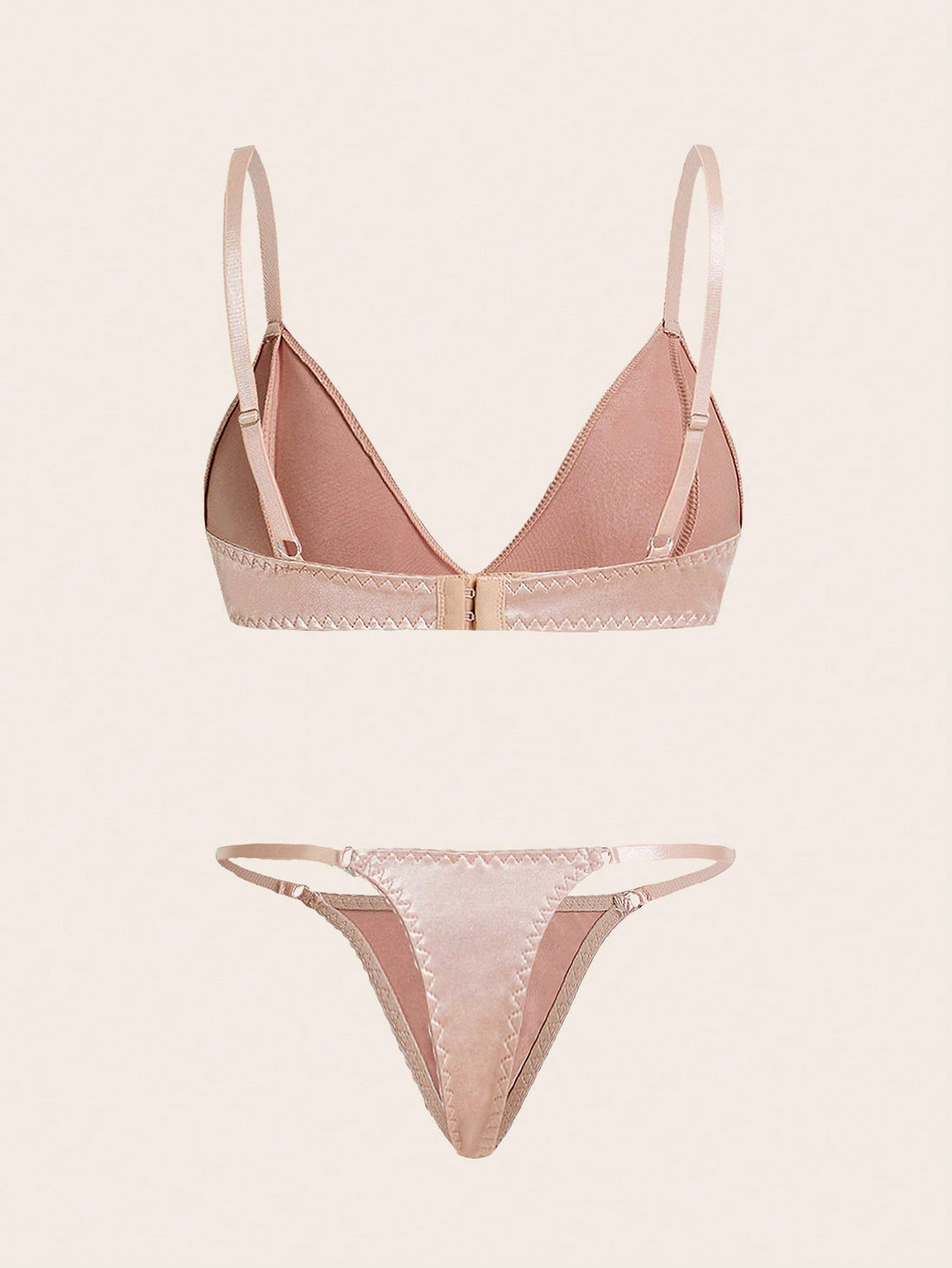 Two-piece minimalist solid color lingerie set featuring a wireless bralette with adjustable straps and removable padding, paired with a low-rise thong. Plain, unlined, and no-show style with slight stretch. Available in Apricot and Black.