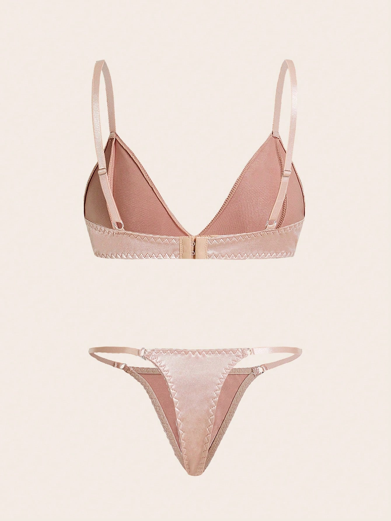 Two-piece minimalist solid color lingerie set featuring a wireless bralette with adjustable straps and removable padding, paired with a low-rise thong. Plain, unlined, and no-show style with slight stretch. Available in Apricot and Black.