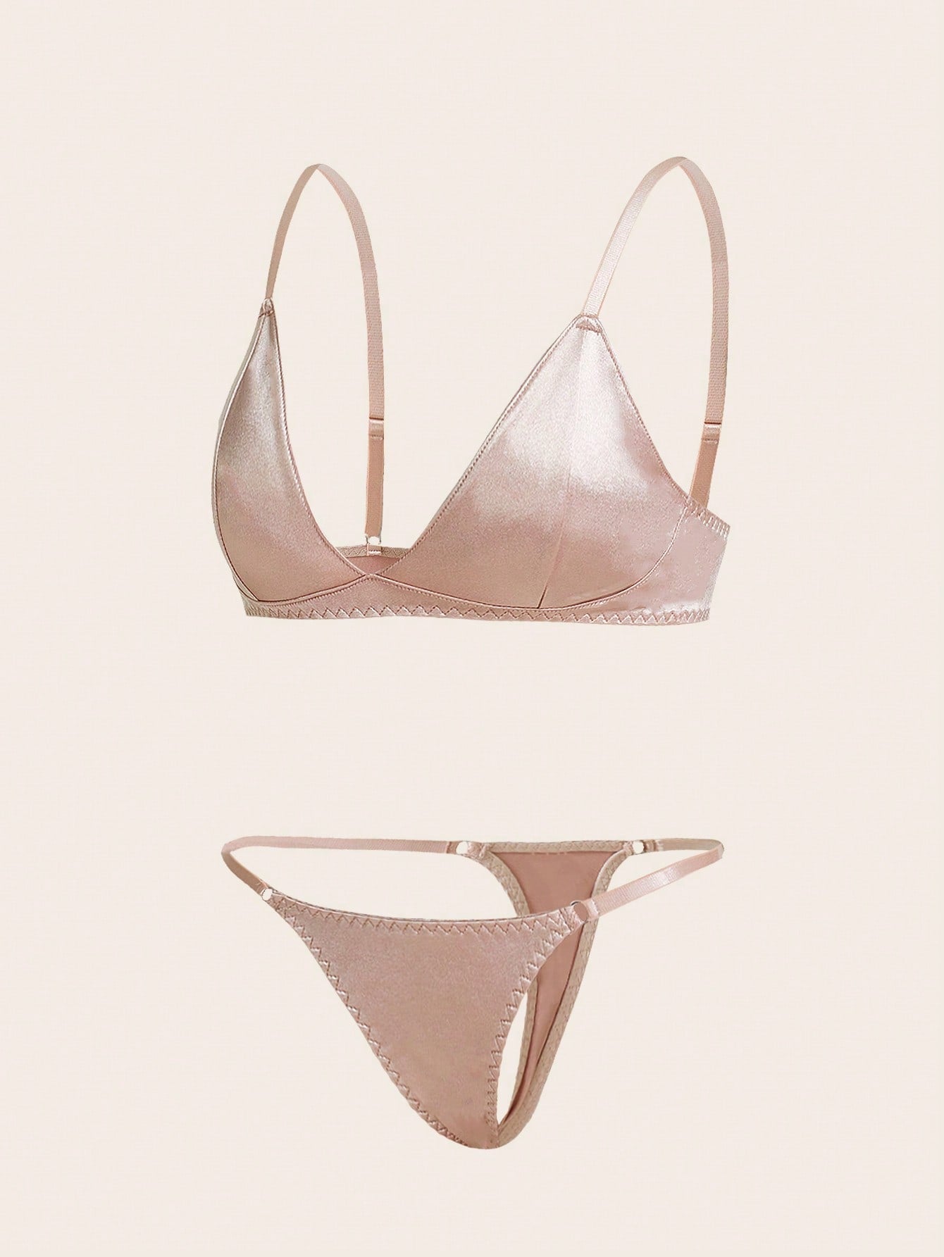 Two-piece minimalist solid color lingerie set featuring a wireless bralette with adjustable straps and removable padding, paired with a low-rise thong. Plain, unlined, and no-show style with slight stretch. Available in Apricot and Black.