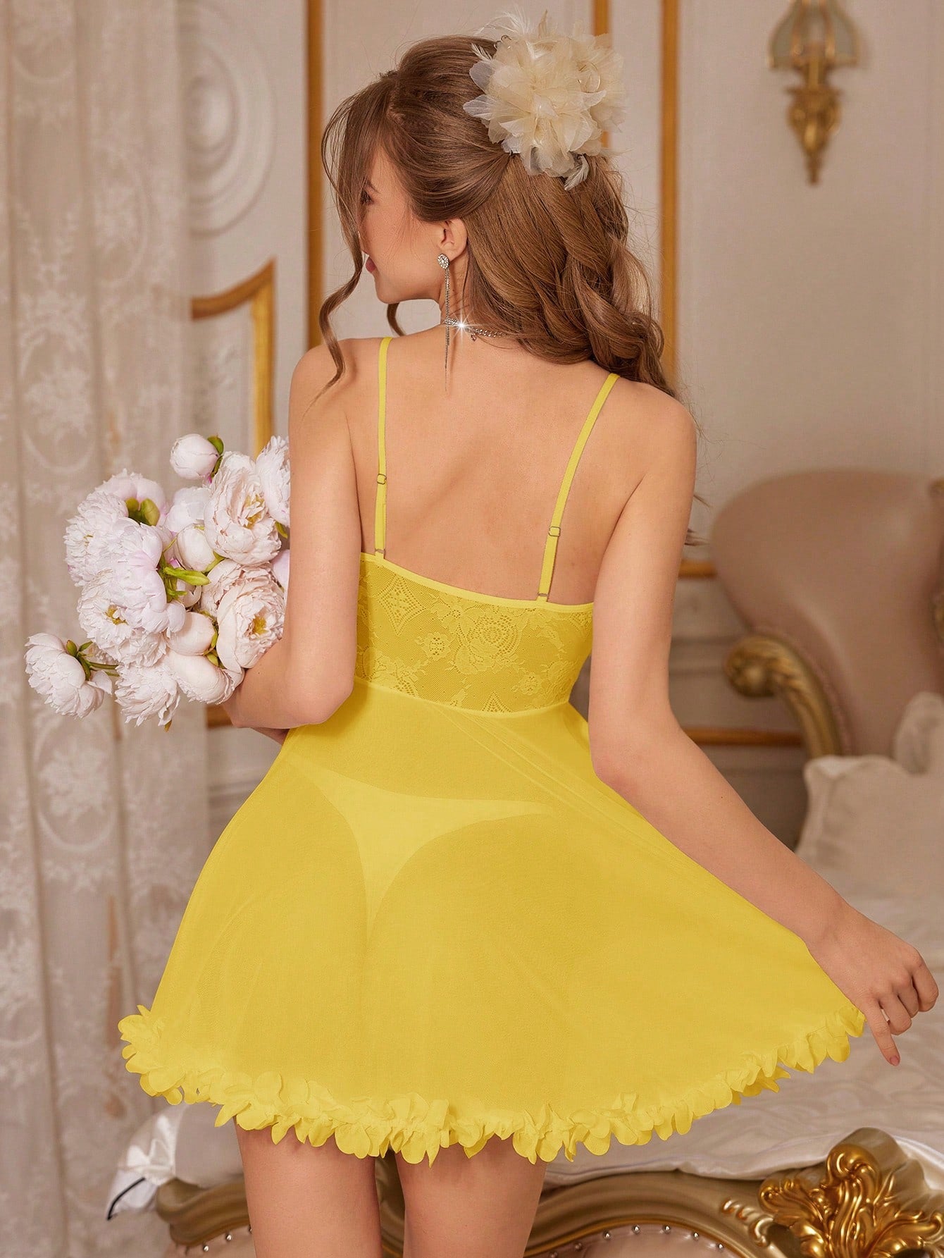 Slumberist Women's Solid Color 3D Flower Design Lace See-Through Camisole Pajama Sleepwear Dress