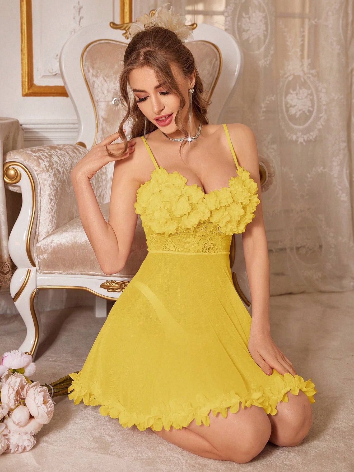 Slumberist Women's Solid Color 3D Flower Design Lace See-Through Camisole Pajama Sleepwear Dress