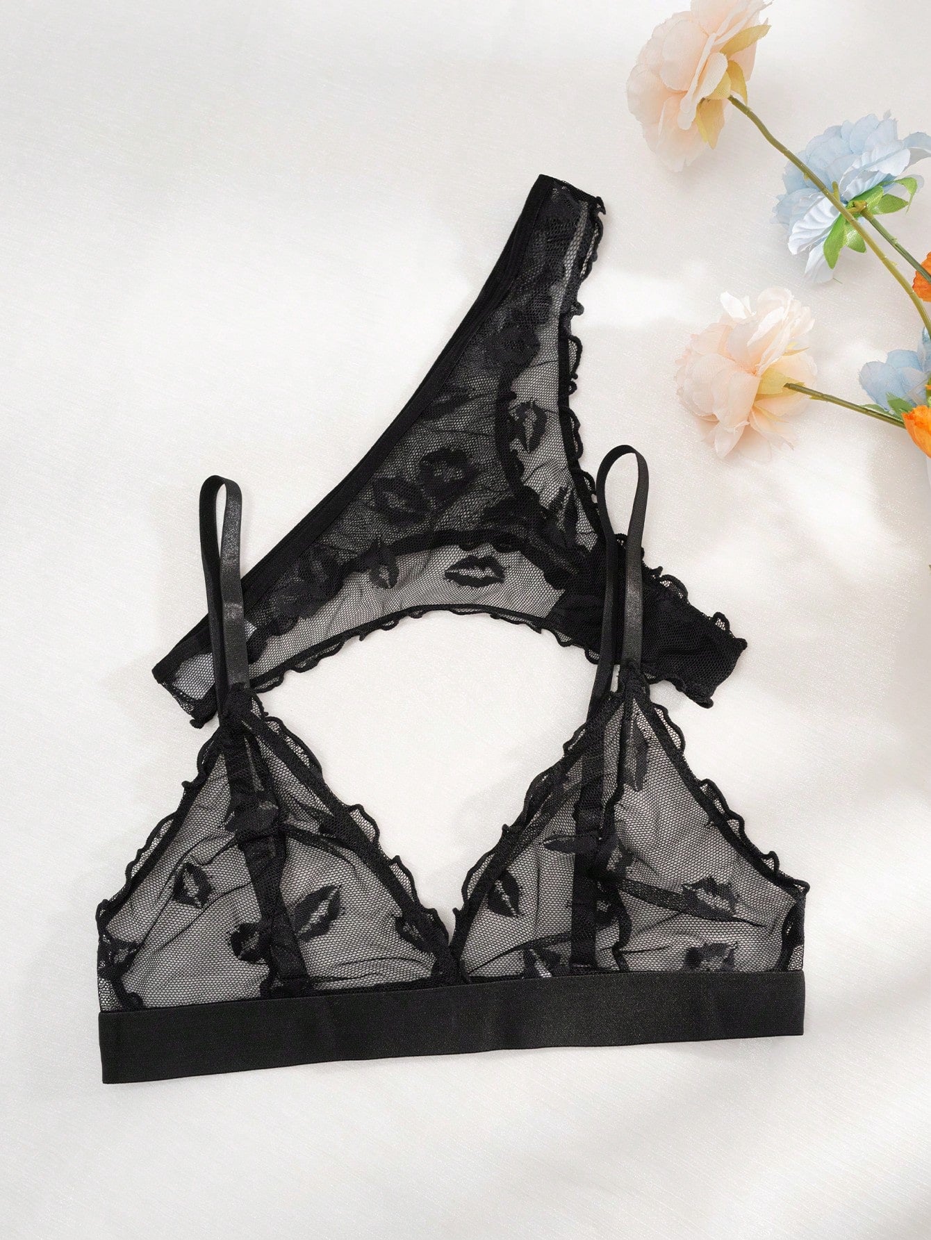 Breathable Lip Pattern Mesh Triangle Cup Bra And Thong Set Wireless Lingerie