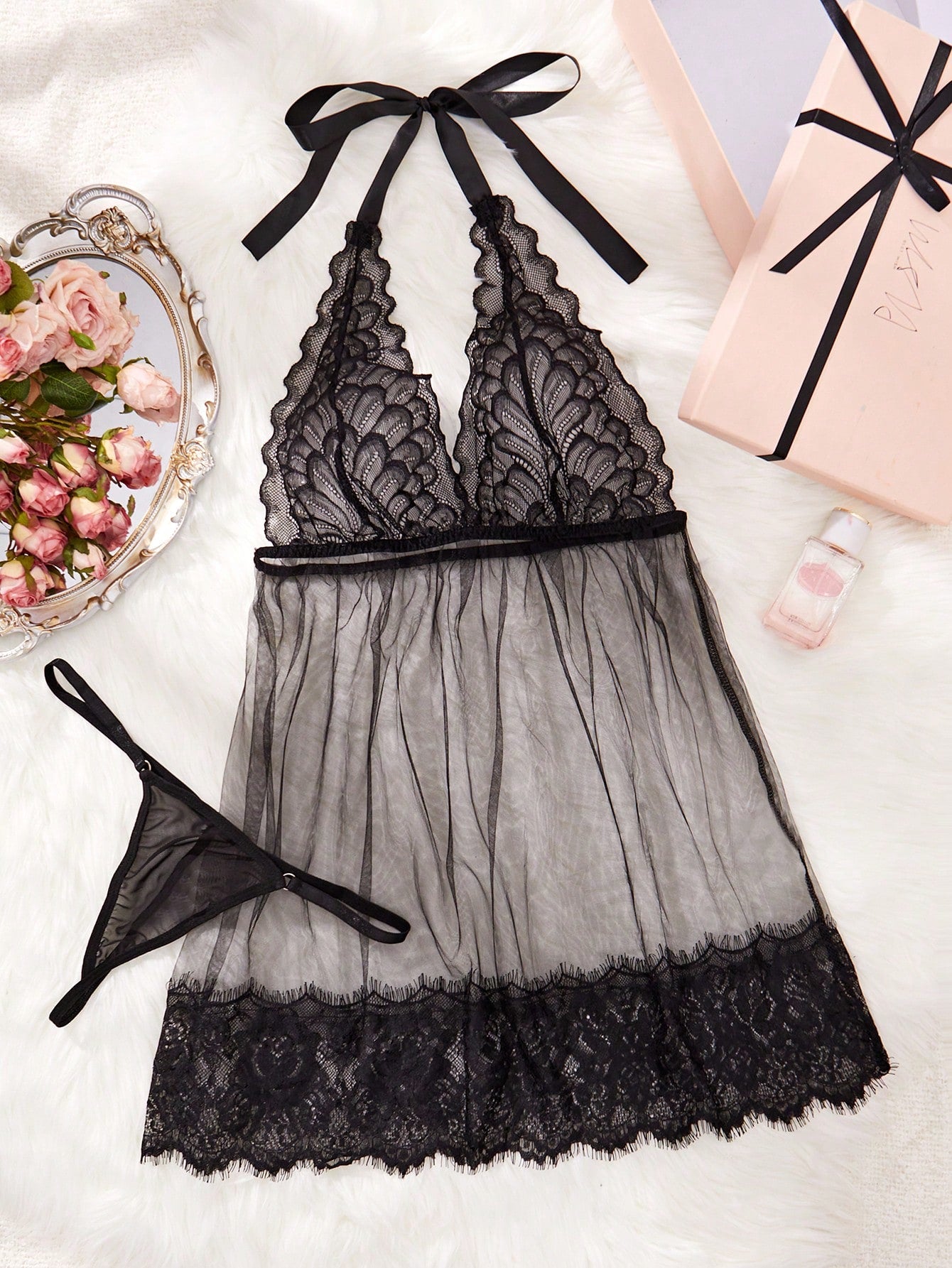Women's lace and mesh contrast halter neck babydoll lingerie dress with adjustable straps and matching V-string, semi-sheer 2-piece set, available in black and burgundy.