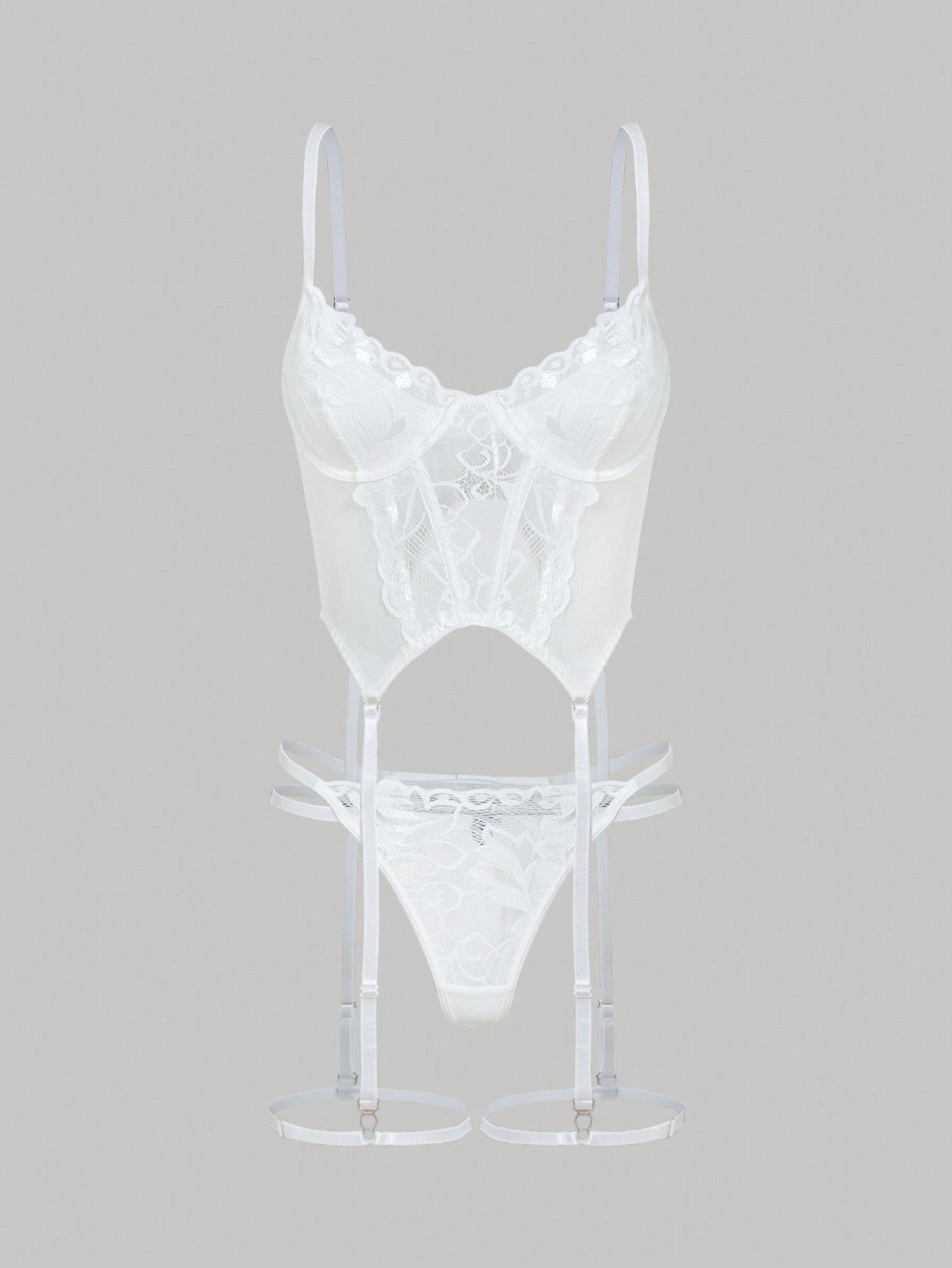 Four-piece floral lace lingerie set featuring cut-out underwire corset tops with garter details and matching low-rise thong bottoms.