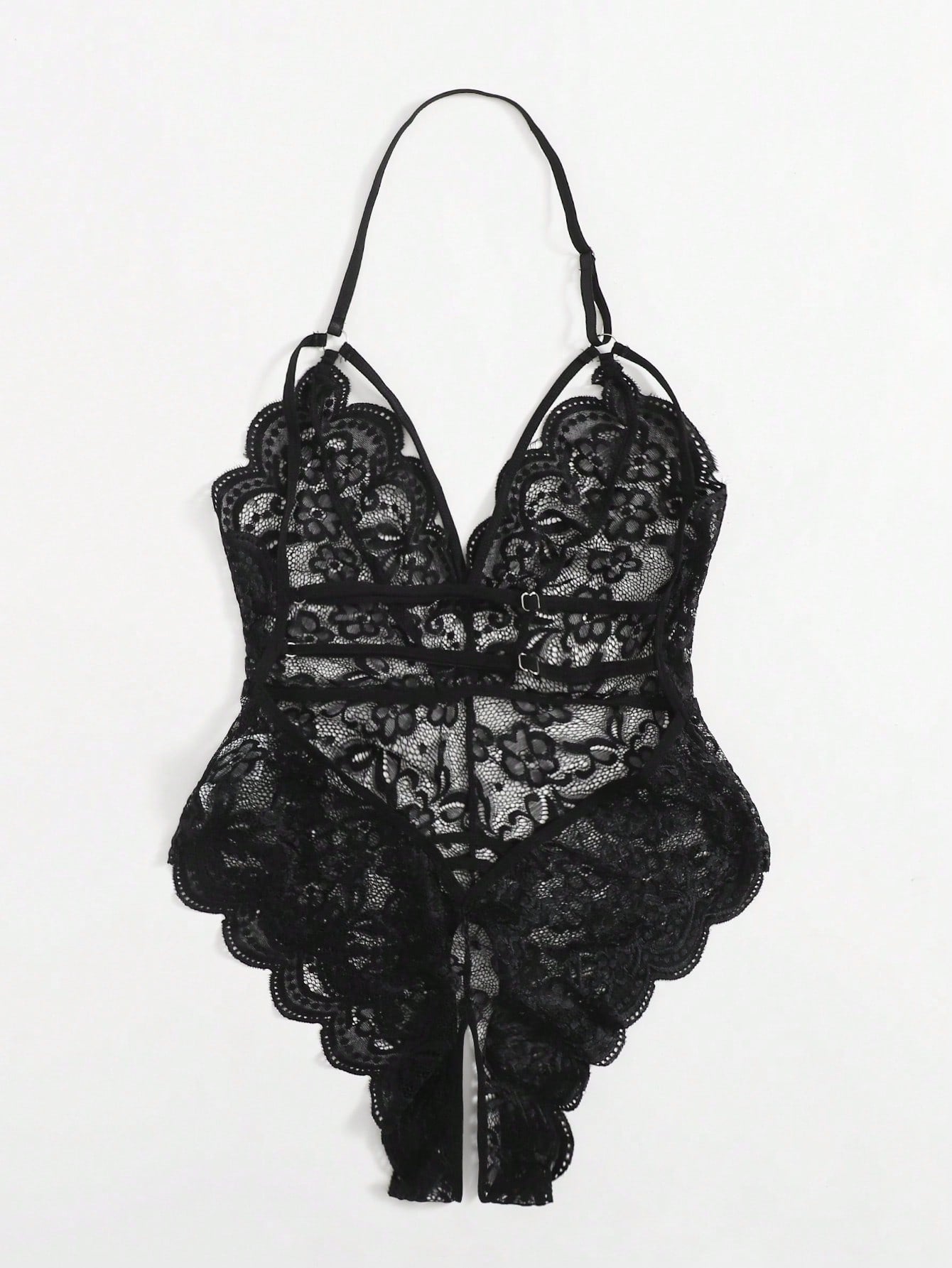 Floral lace crotchless teddy bodysuit lingerie with scallop trim, backless cut-out design, spaghetti straps, and slight stretch fabric.