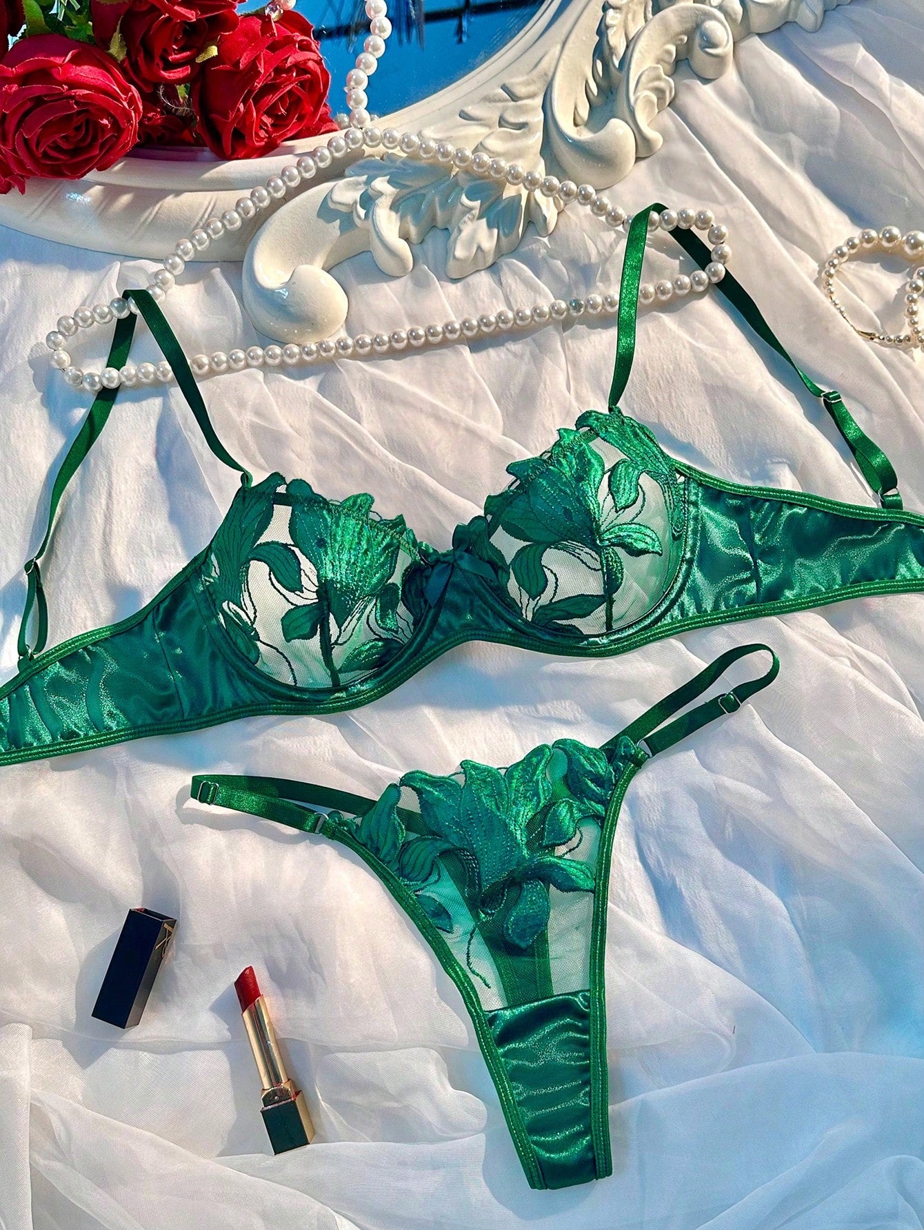 Women’s 2-piece sexy lingerie set featuring an embroidered sheer mesh demi bra with adjustable spaghetti straps and a matching low-rise thong.