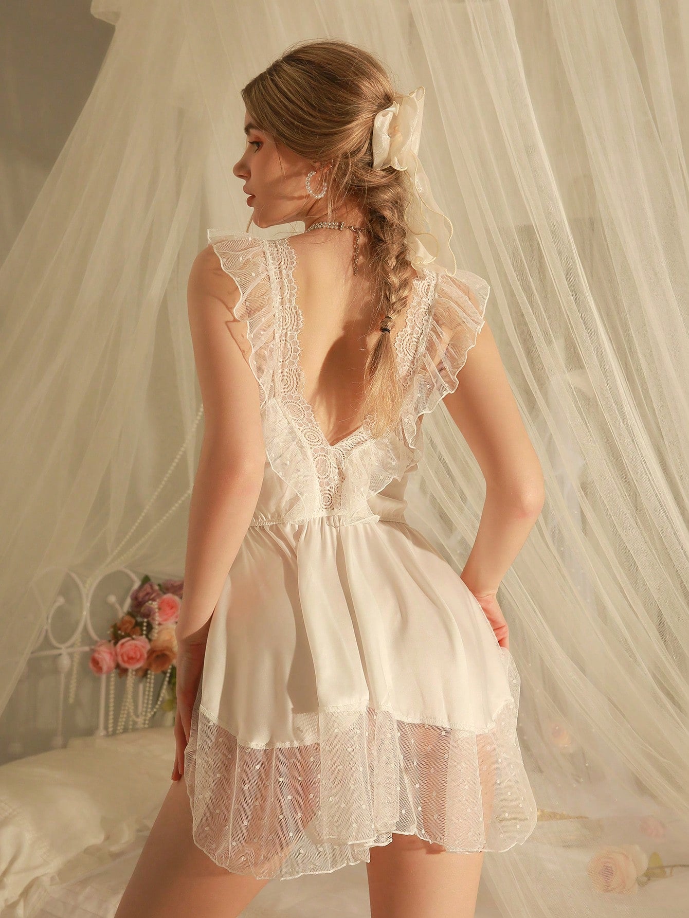 Black Satin Mesh Lace Patchwork Ruffle Hem Bow Asymmetrical Hem Sleepwear, Sweet, Cute, Elegant, Graceful, Sexy For Women