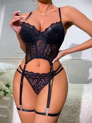 Floral lace underwire garter lingerie set with adjustable spaghetti straps, longline bra, thong panty, and matching pieces in a plain pattern with slight-stretch lace.