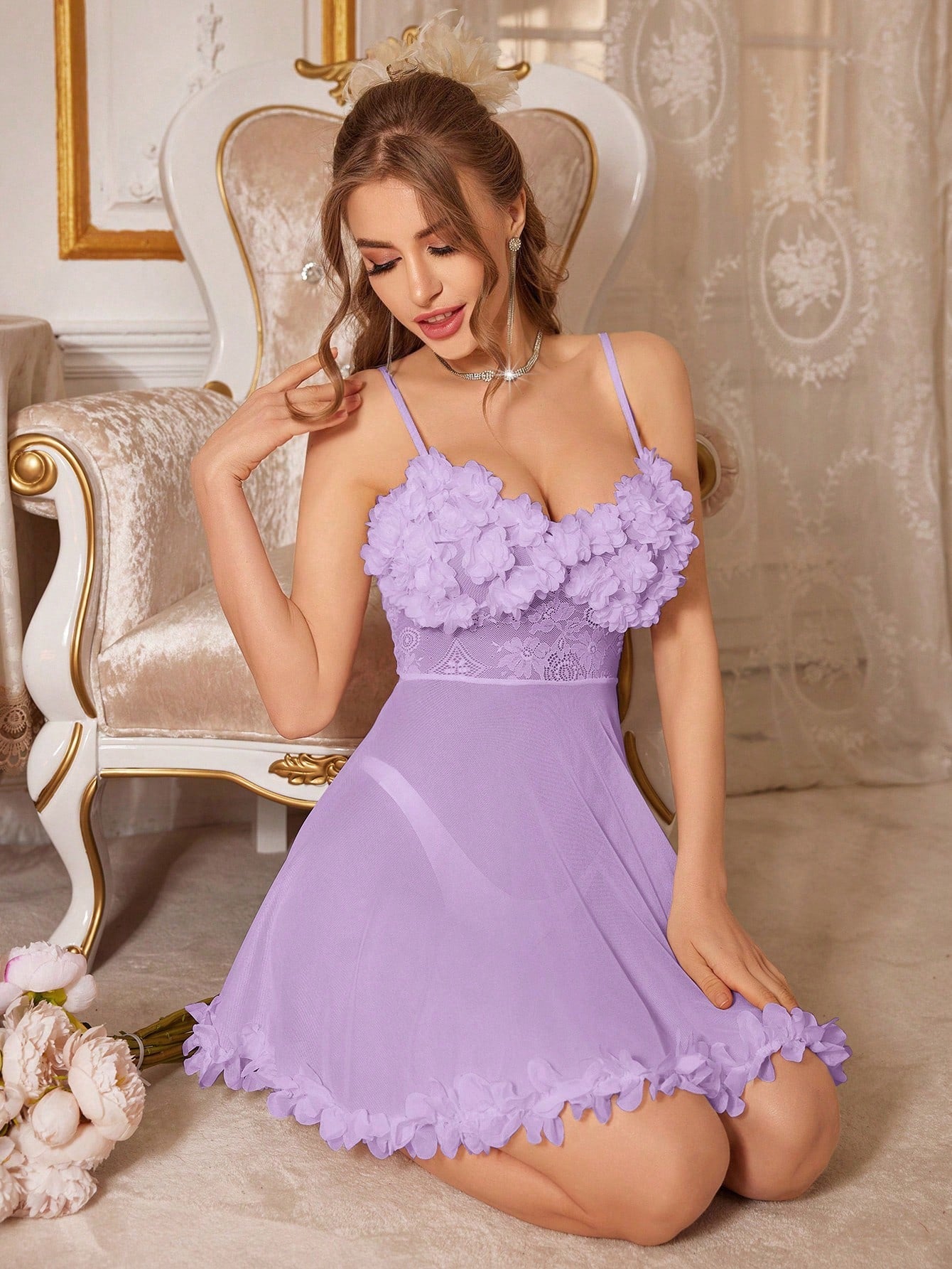 Slumberist Women's Solid Color 3D Flower Design Lace See-Through Camisole Pajama Sleepwear Dress
