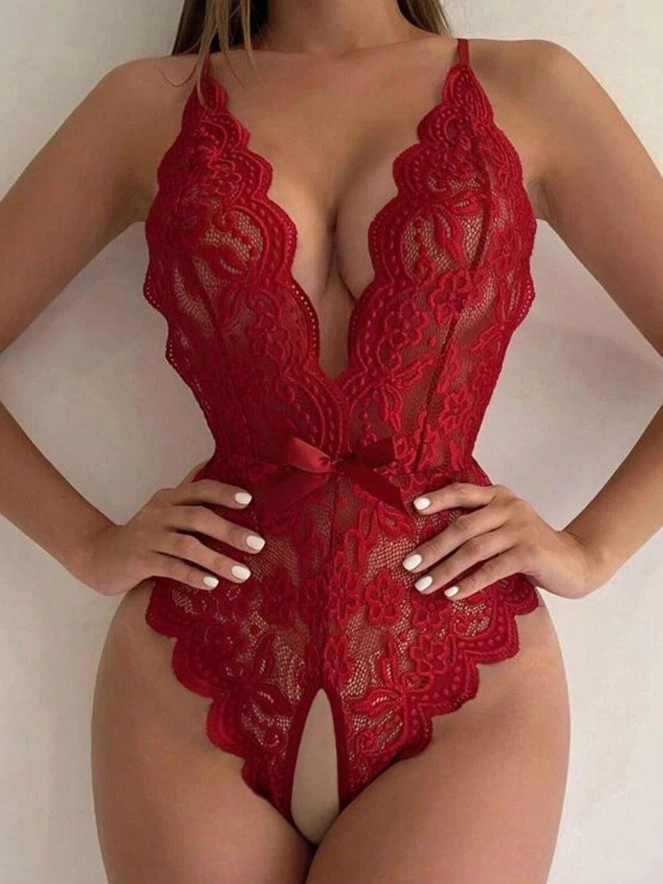 Women’s semi-sheer lace teddy bodysuit with open crotch design, backless criss-cross back, spaghetti straps, plunge underwire full cups, and thong cut.
