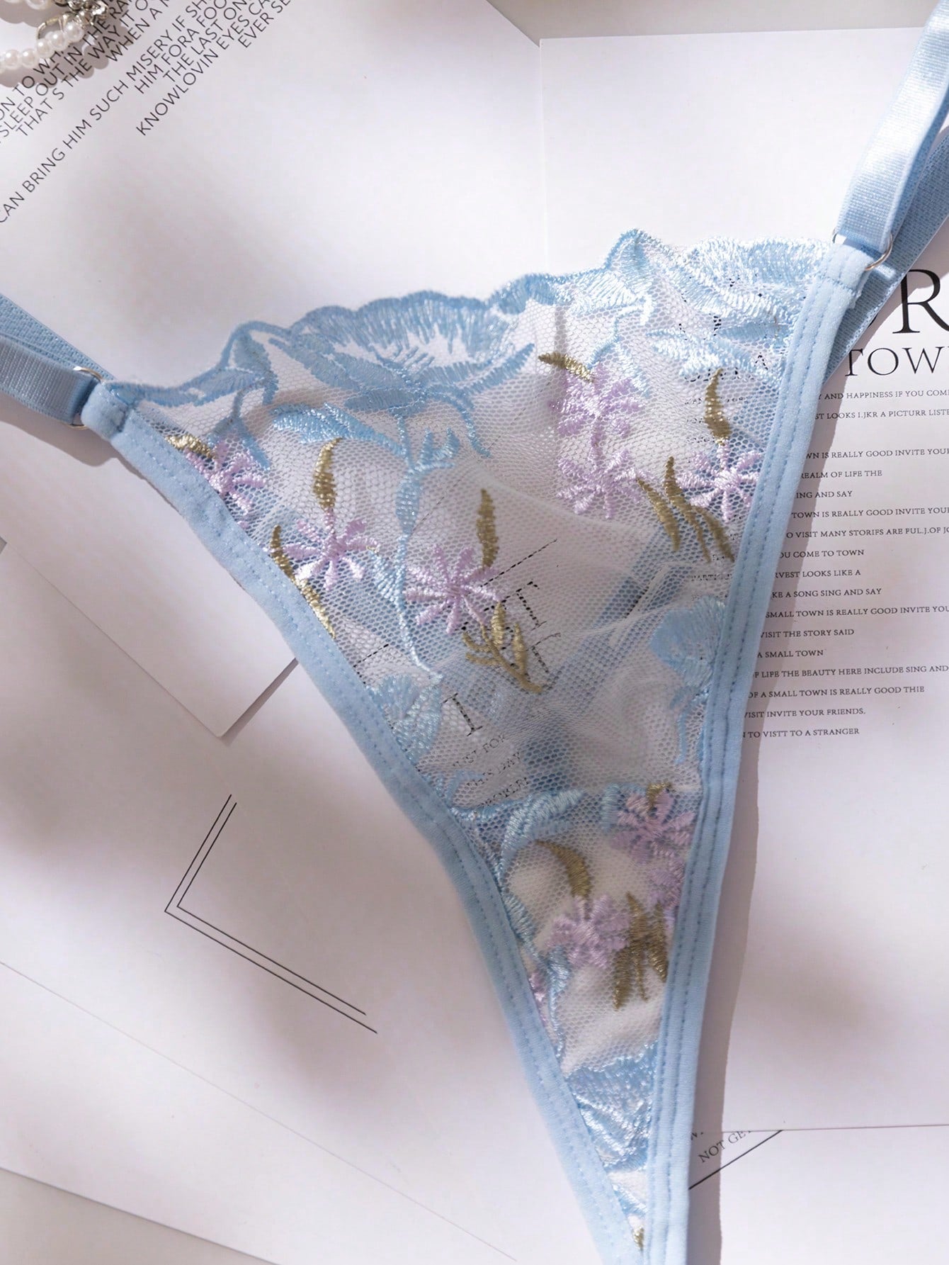 Baby blue 2-piece women’s lingerie set featuring a sheer embroidered camisole-style nightgown with adjustable spaghetti straps and a matching low-rise thong panty.