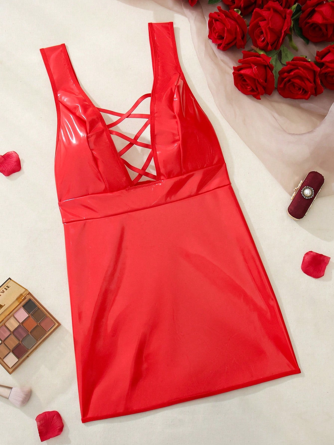 Women’s 2-piece lingerie set featuring a backless criss-cross bodycon mini dress with cut-out details, deep V neckline, adjustable straps, and matching low-rise thong.