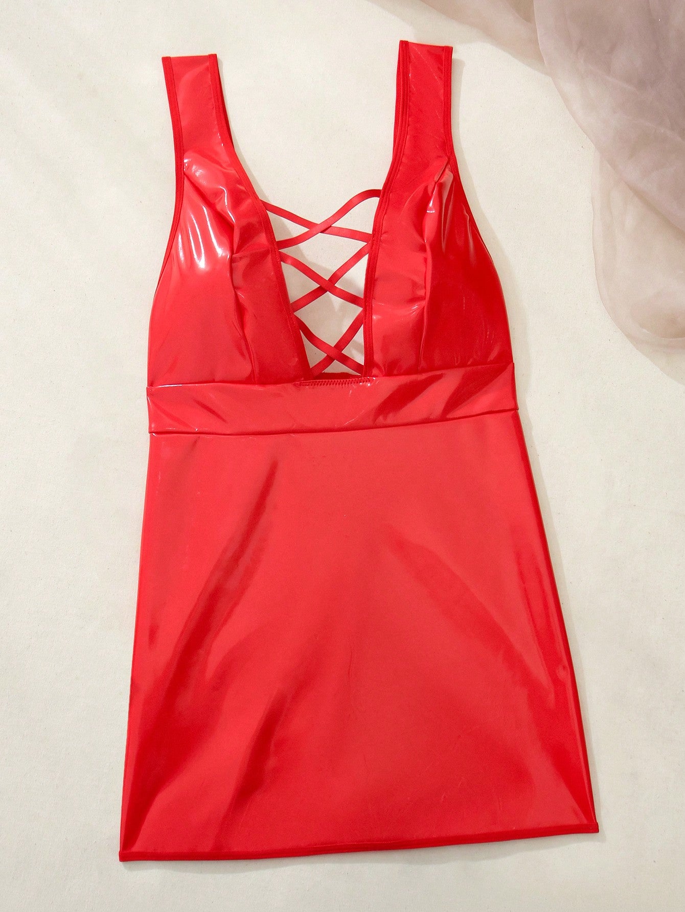 Women’s 2-piece lingerie set featuring a backless criss-cross bodycon mini dress with cut-out details, deep V neckline, adjustable straps, and matching low-rise thong.