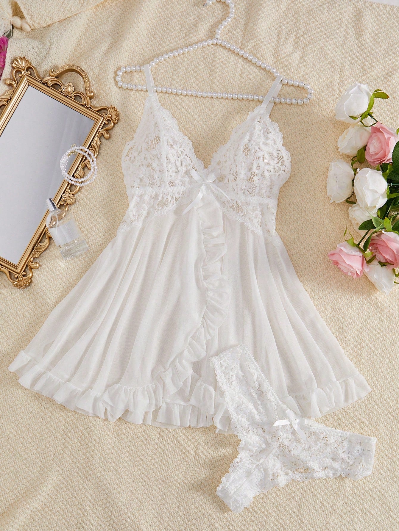 Contrast Lace Mesh Babydoll Sexy Lingerie Dress With Thong