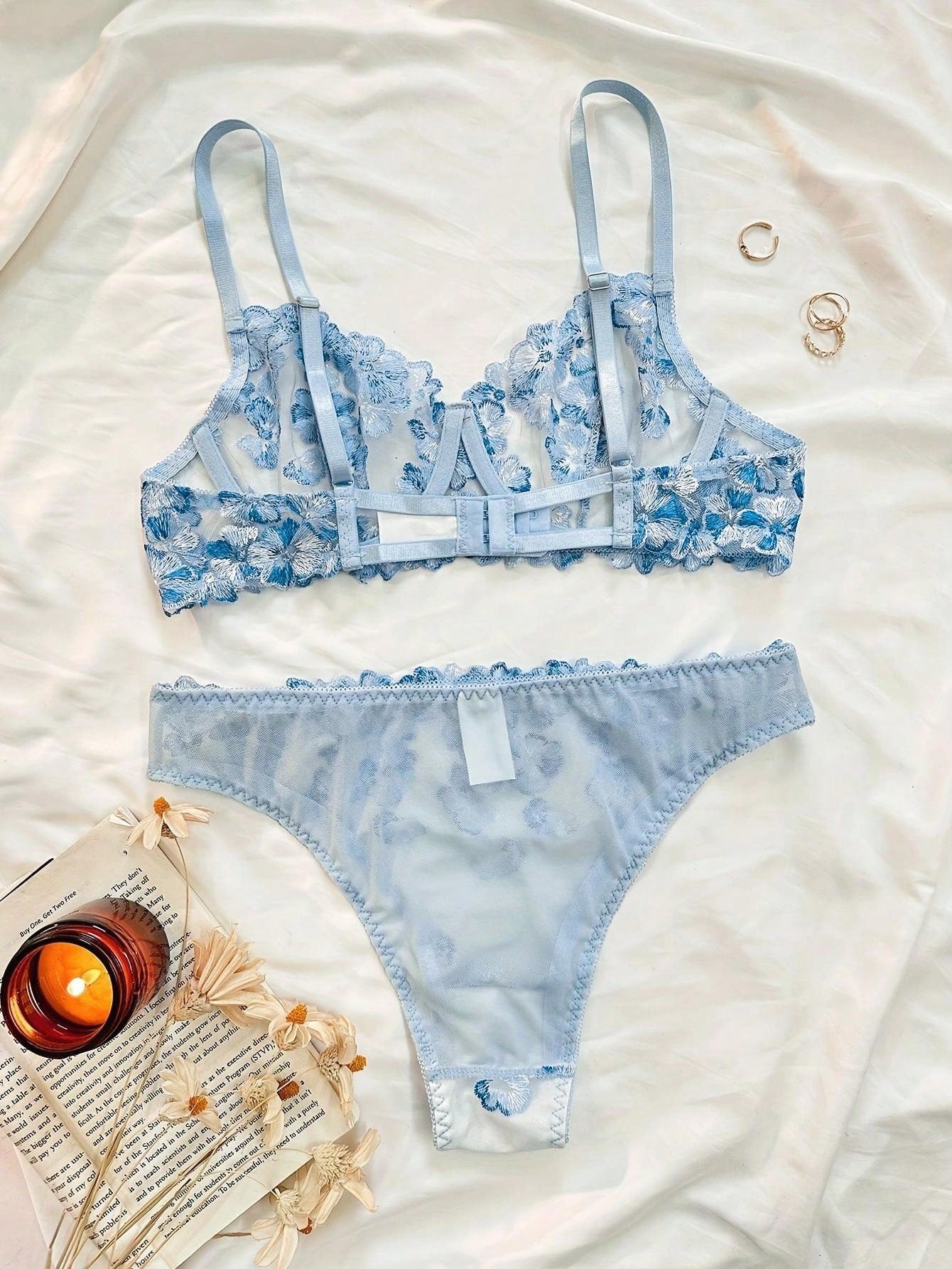 Kawaii 2pcs Women's Sexy Lingerie Set, Blue Floral Embroidery Sheer Mesh See-Through Bra And Panty Set, Intimate Apparel For Valentine's Day, Couple's Date Night, Nightclub Party