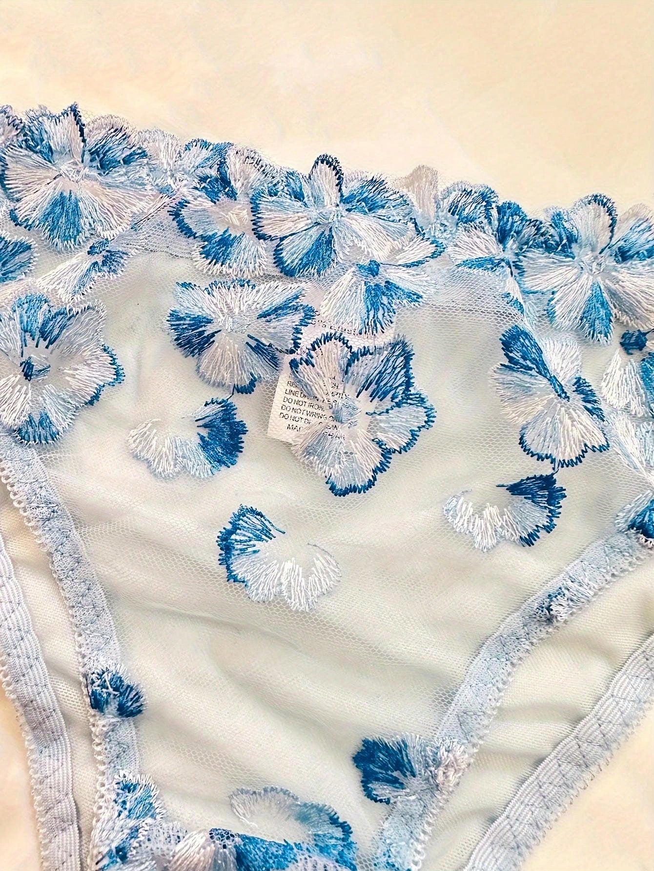Kawaii 2pcs Women's Sexy Lingerie Set, Blue Floral Embroidery Sheer Mesh See-Through Bra And Panty Set, Intimate Apparel For Valentine's Day, Couple's Date Night, Nightclub Party
