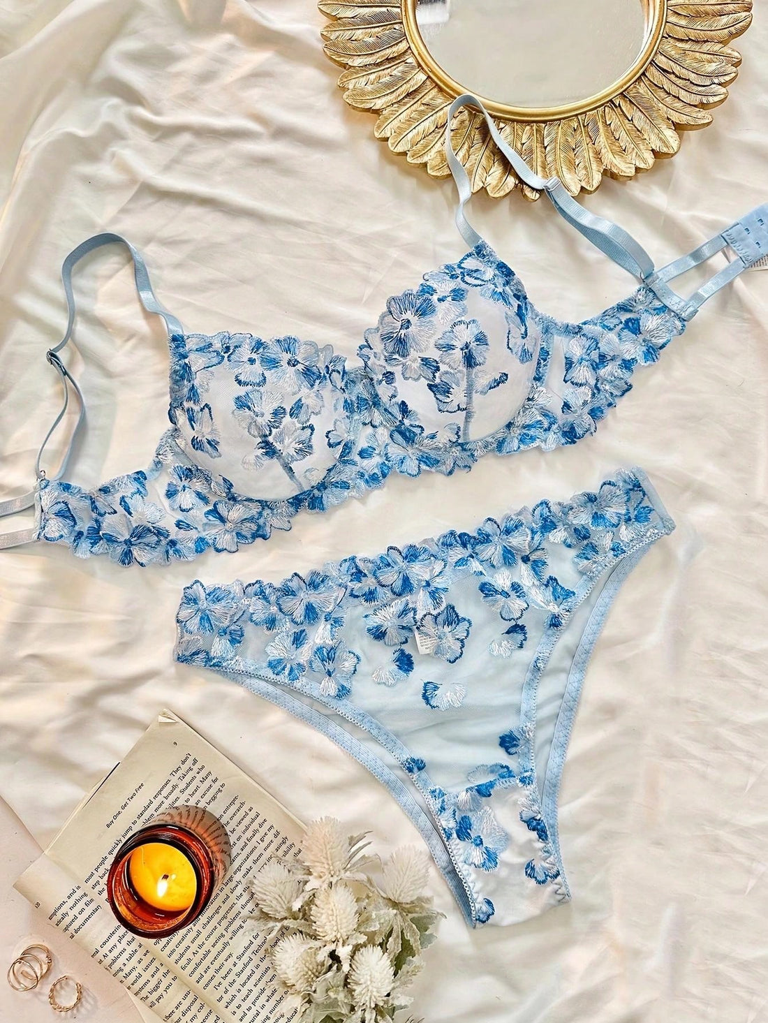 Kawaii 2pcs Women's Sexy Lingerie Set, Blue Floral Embroidery Sheer Mesh See-Through Bra And Panty Set, Intimate Apparel For Valentine's Day, Couple's Date Night, Nightclub Party