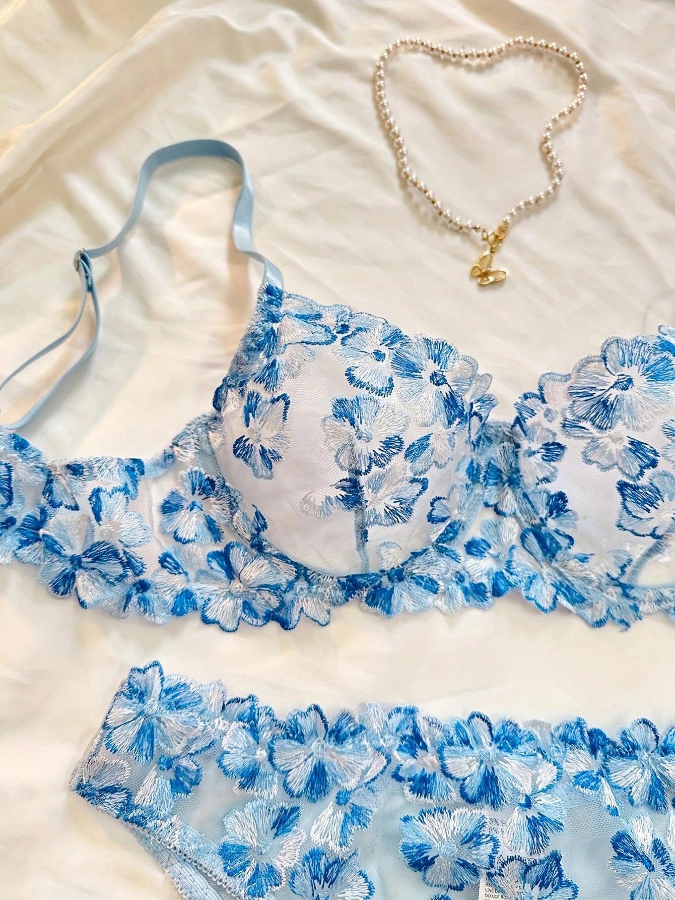 Kawaii 2pcs Women's Sexy Lingerie Set, Blue Floral Embroidery Sheer Mesh See-Through Bra And Panty Set, Intimate Apparel For Valentine's Day, Couple's Date Night, Nightclub Party