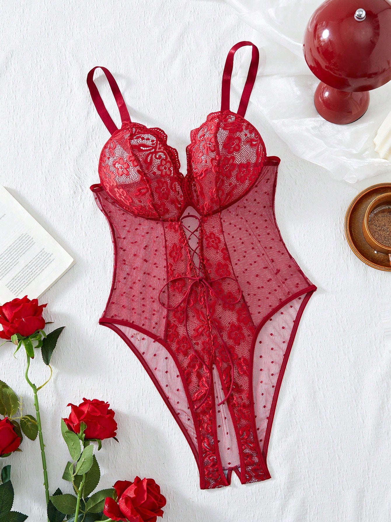 Lace Patchwork Plus Size Sexy Bodysuit, 1pc