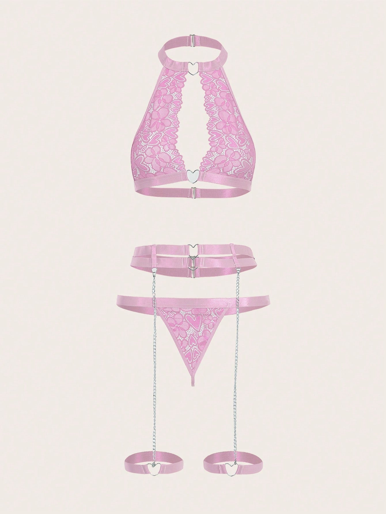 Four-piece floral lace lingerie set with heart ring link details, including a halter bralette with adjustable straps, matching V-string panty, and garter pieces with chain accents and a backless design.
