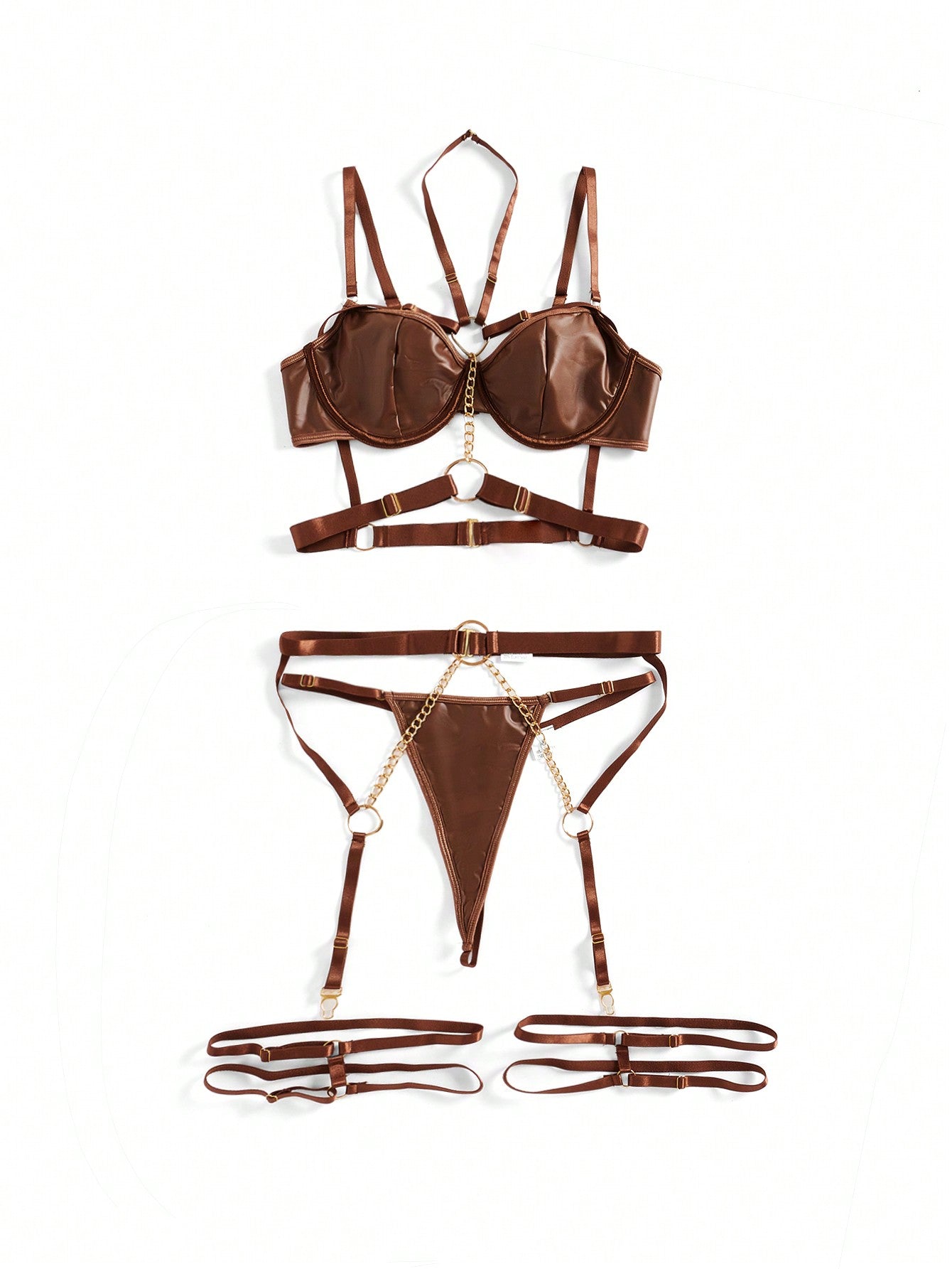 6-piece goth lingerie set featuring O-ring and chain details, garter accents, an underwire bra with adjustable spaghetti straps, and matching low-rise V-string thong pieces.