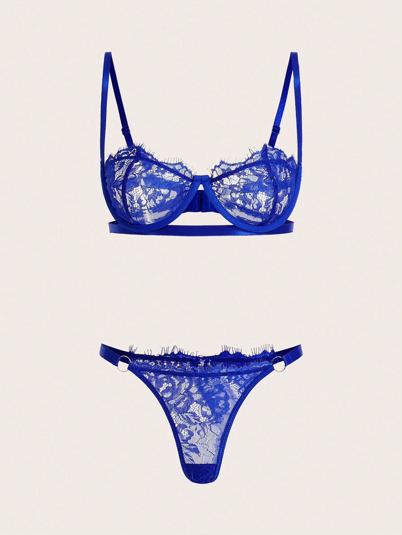 Two-piece floral lace lingerie set with an underwire bra and matching low-rise thong, featuring sheer contrast lace and adjustable straps in a romantic style; available in Royal Blue and White.