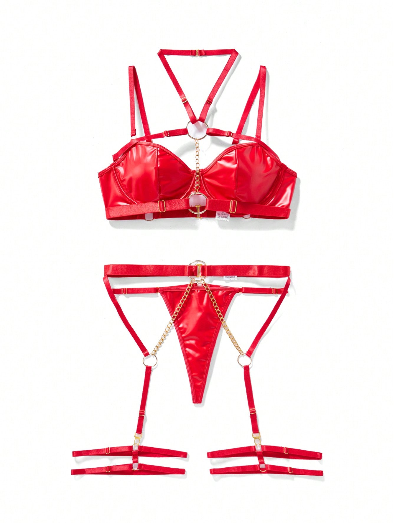 6-piece goth lingerie set featuring O-ring and chain details, garter accents, an underwire bra with adjustable spaghetti straps, and matching low-rise V-string thong pieces.