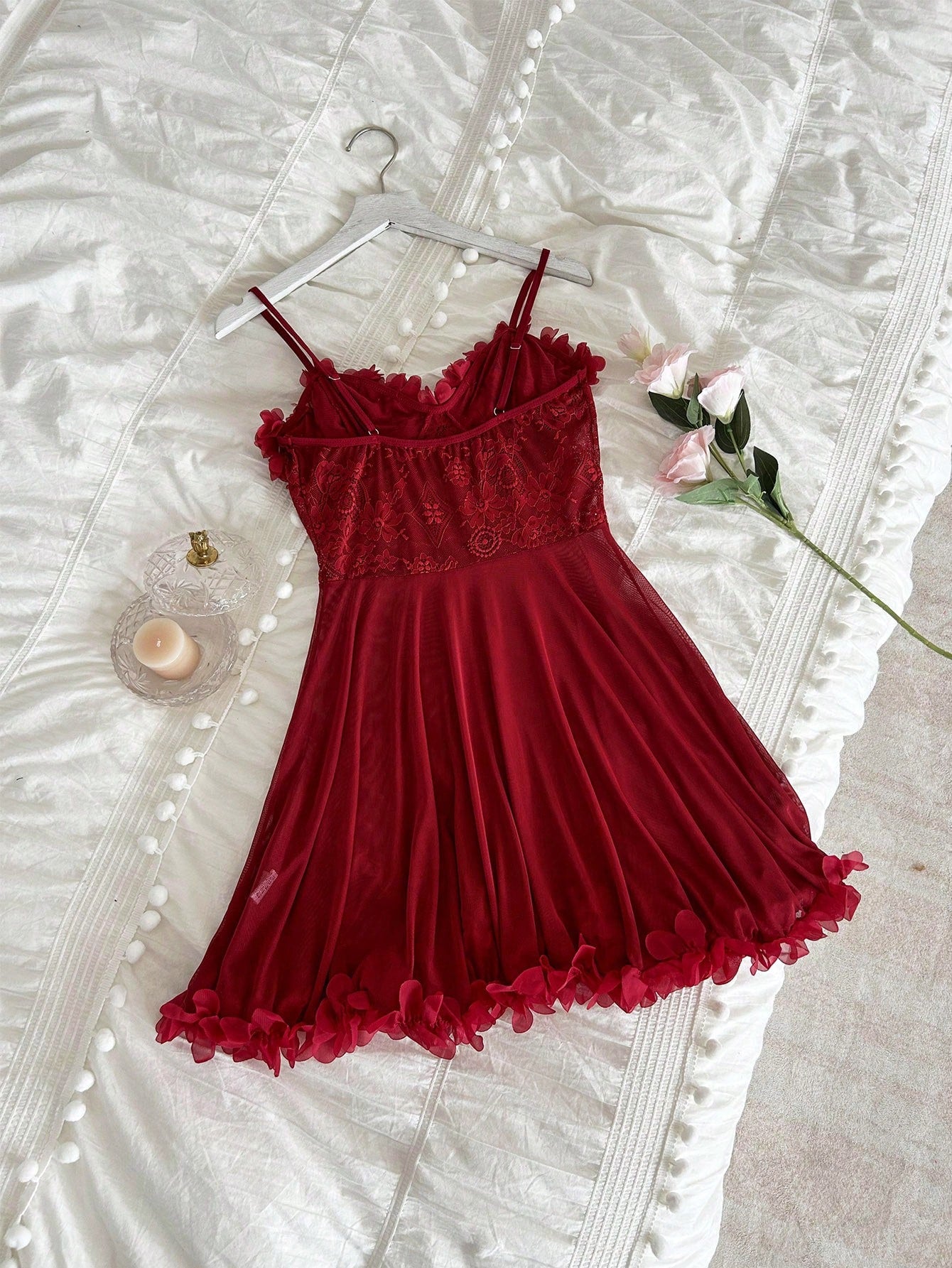 Slumberist Women's Solid Color 3D Flower Design Lace See-Through Camisole Pajama Sleepwear Dress