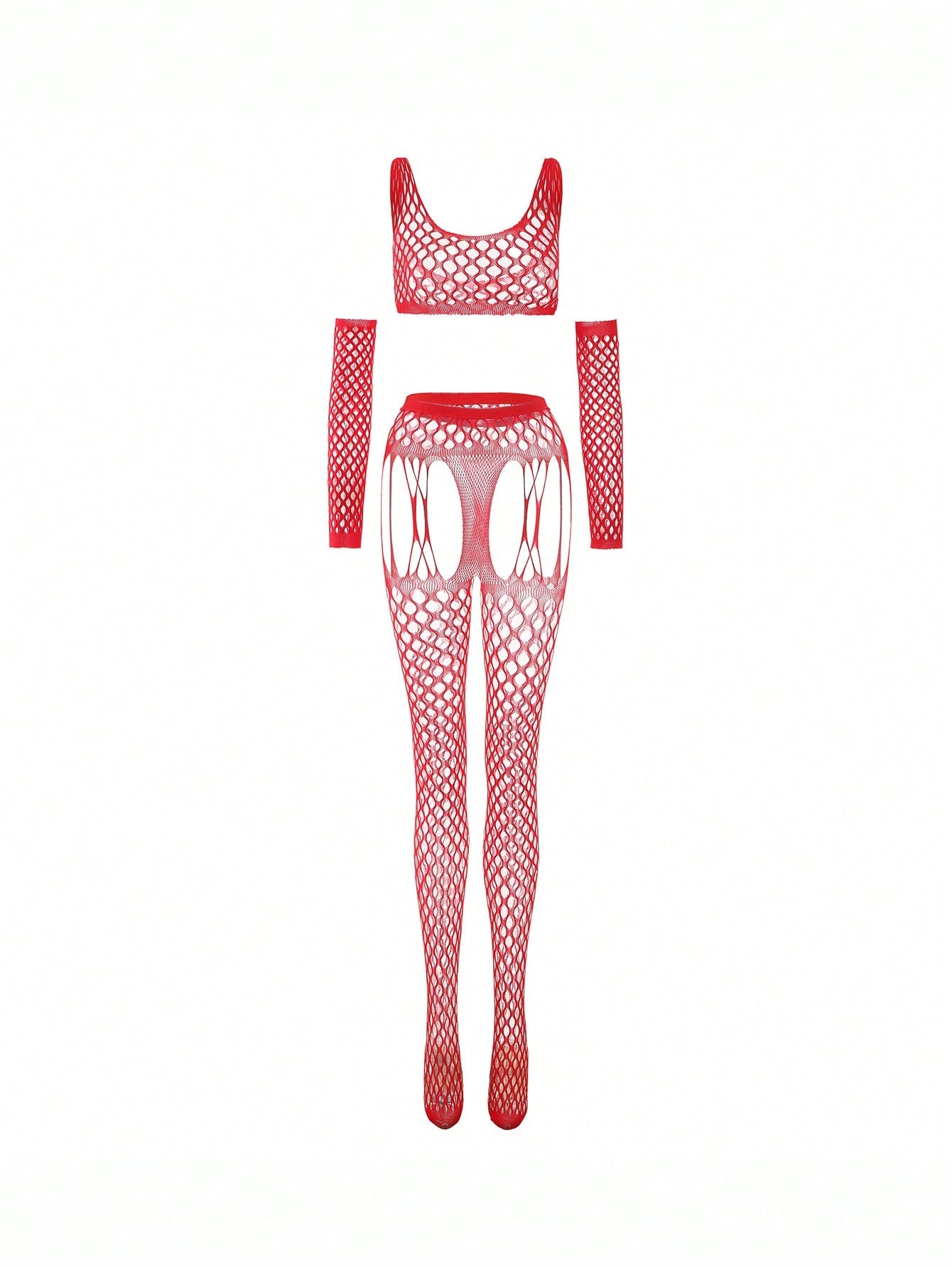 Red 3-piece women’s lingerie set featuring a wireless hollow bikini-style bralette with adjustable straps, a sleeveless micro crop fishnet cover-up top, and matching low-rise pants.