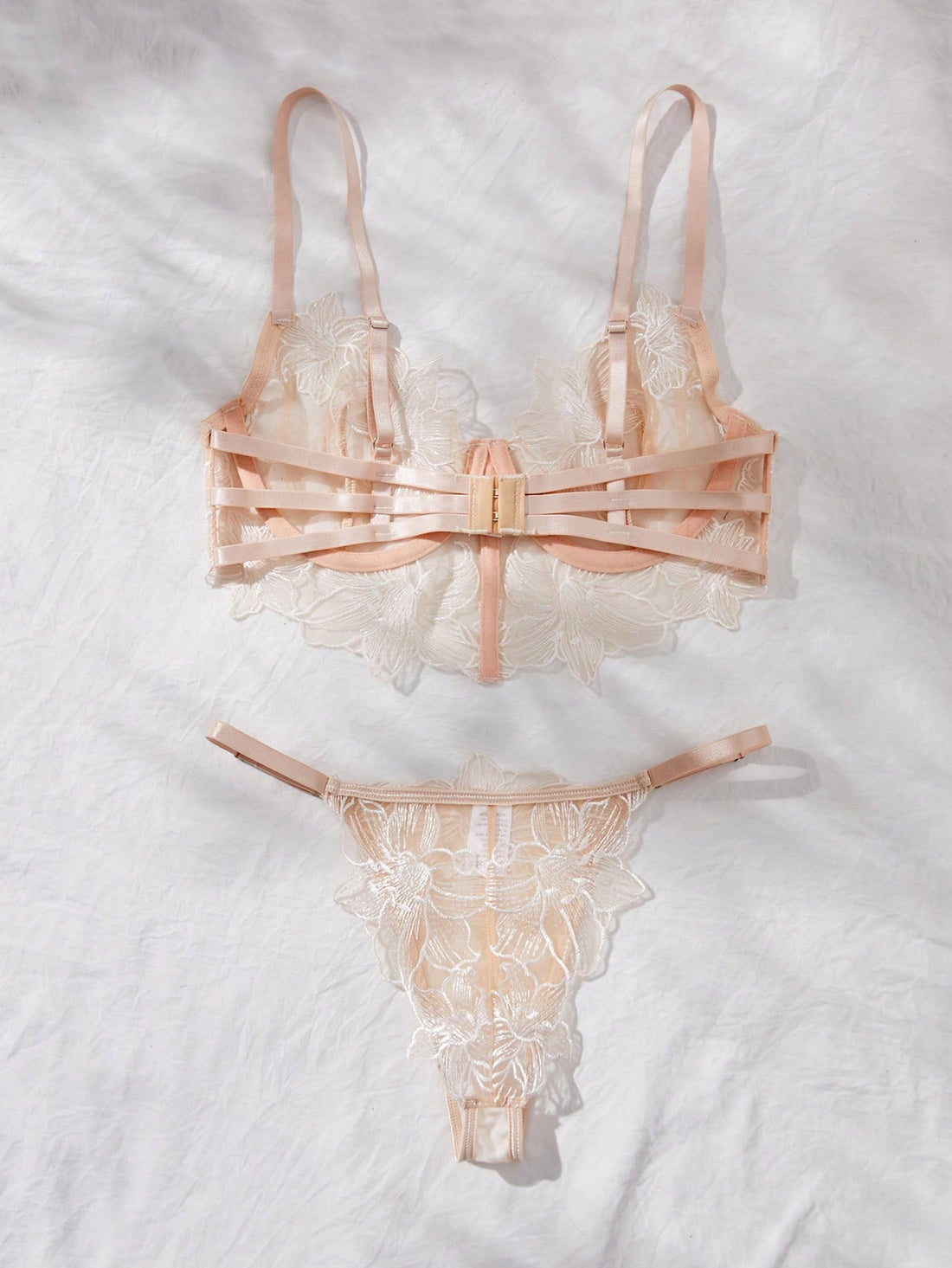 Two-piece women’s lingerie set with a sheer balconette underwire bra featuring adjustable straps and matching low-rise thong panty with embroidery and cut-out details.