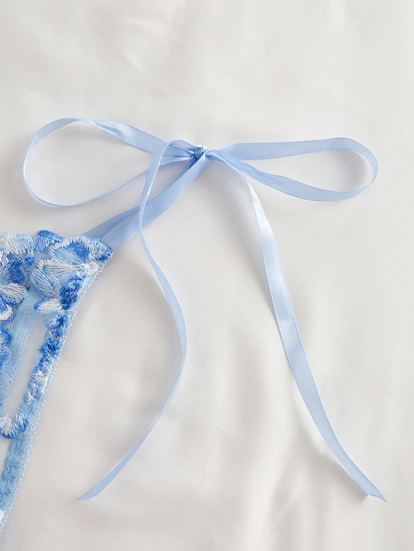 Women’s 2-piece light blue lingerie set with floral embroidery, semi-sheer mesh, and lace-up detail, featuring an ultra-thin underwire bra with adjustable straps and matching low-rise briefs.