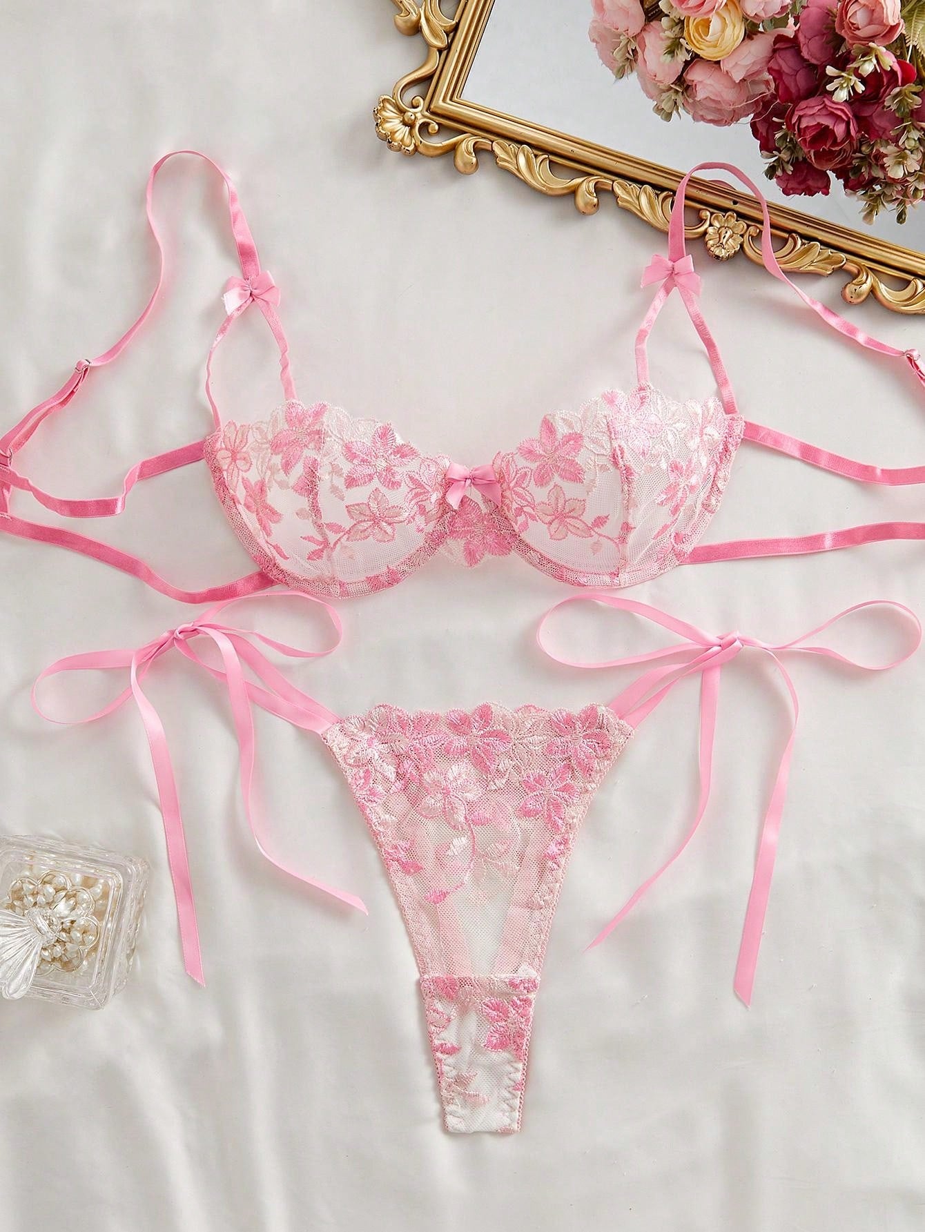 Style Dream 2pcs Women Floral Mesh Embroidery Sexy Lace-Up Sweet Lingerie Set, Suitable For Valentine's Day Two Pieces Set Women 2 Pieces Set, Kawaii Ultra Thin Bra