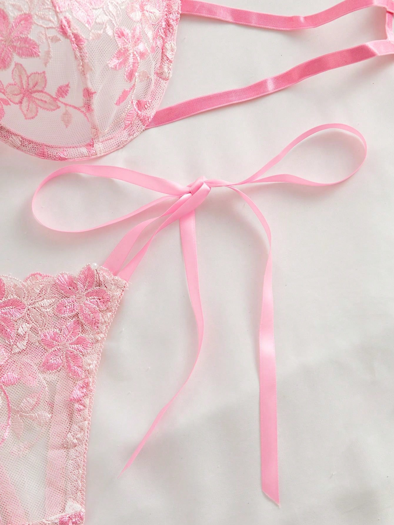 Style Dream 2pcs Women Floral Mesh Embroidery Sexy Lace-Up Sweet Lingerie Set, Suitable For Valentine's Day Two Pieces Set Women 2 Pieces Set, Kawaii Ultra Thin Bra