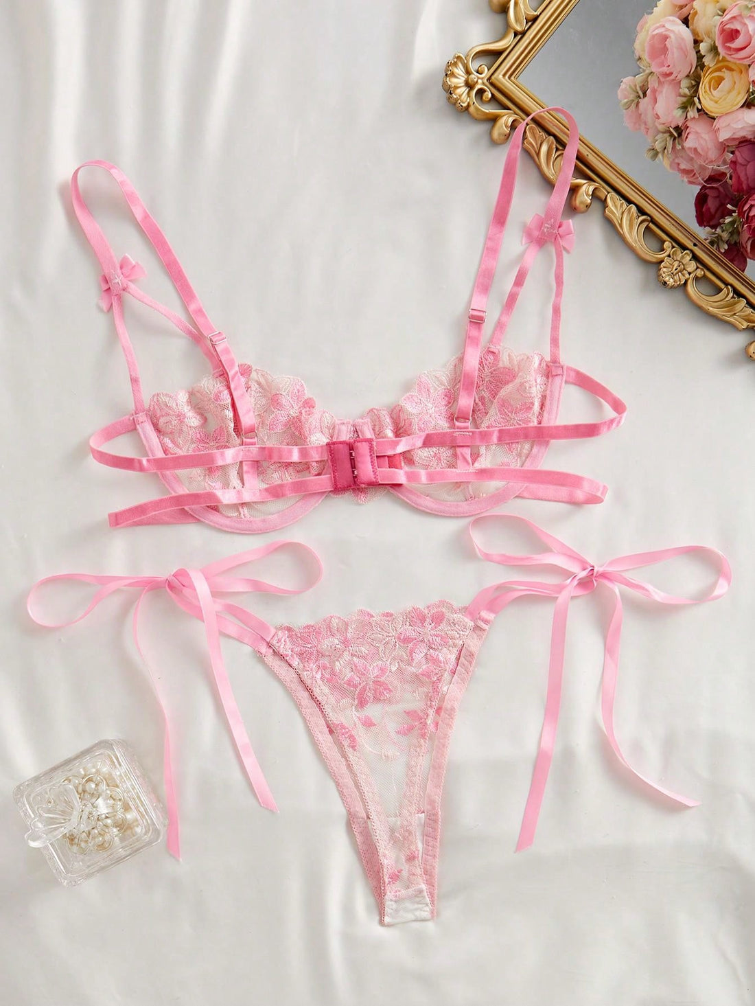 Style Dream 2pcs Women Floral Mesh Embroidery Sexy Lace-Up Sweet Lingerie Set, Suitable For Valentine's Day Two Pieces Set Women 2 Pieces Set, Kawaii Ultra Thin Bra