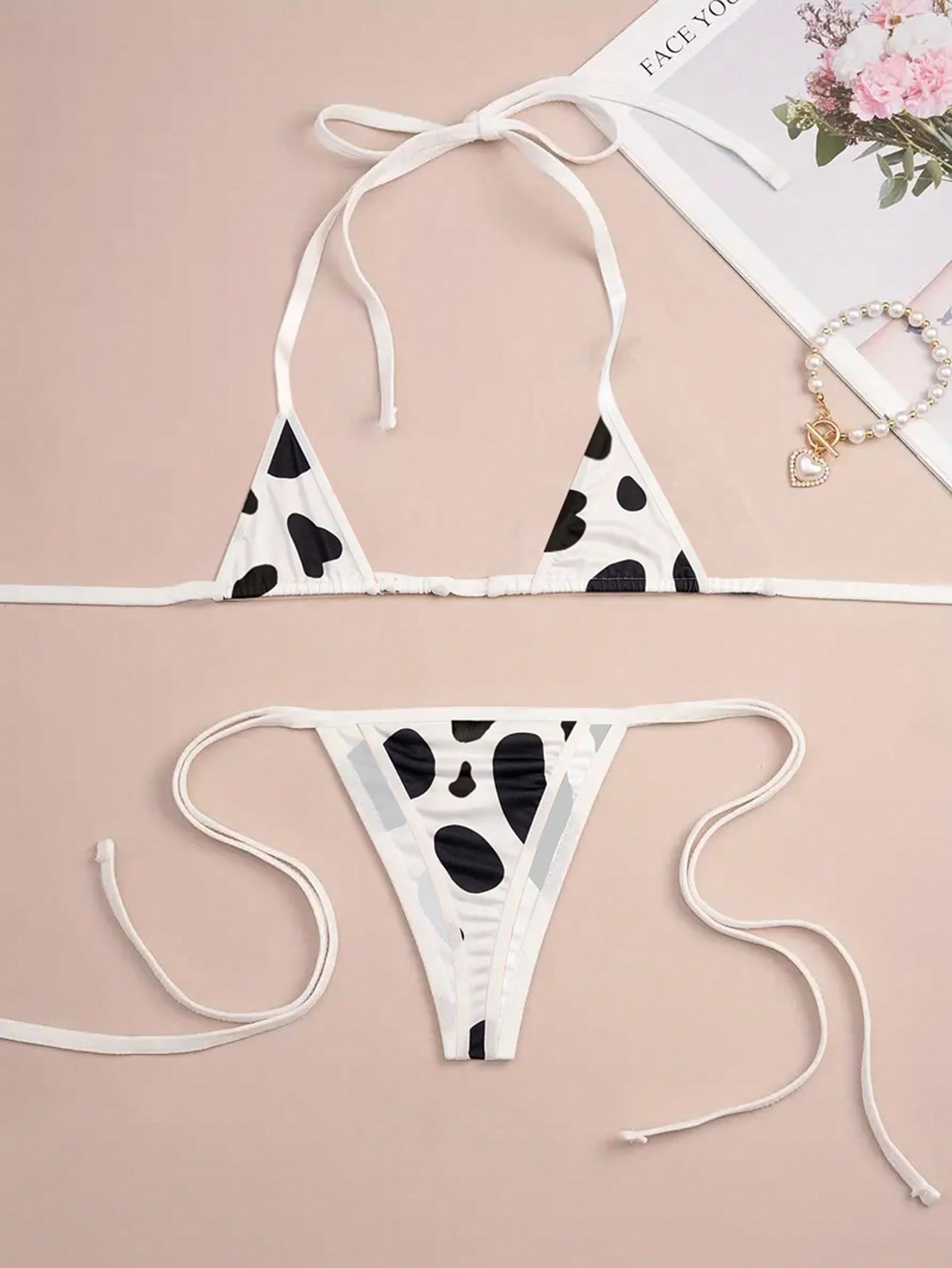 Sexy Lingerie Erotic Set Mini Triangle Halter Tie Bikini Bra And Thong Stripper Outfit Red And Black Contrast Cow Print Women's 2026 Spring/Summer New Valentine's Day Beach Party Wedding Vacation Sexy Matching Piece