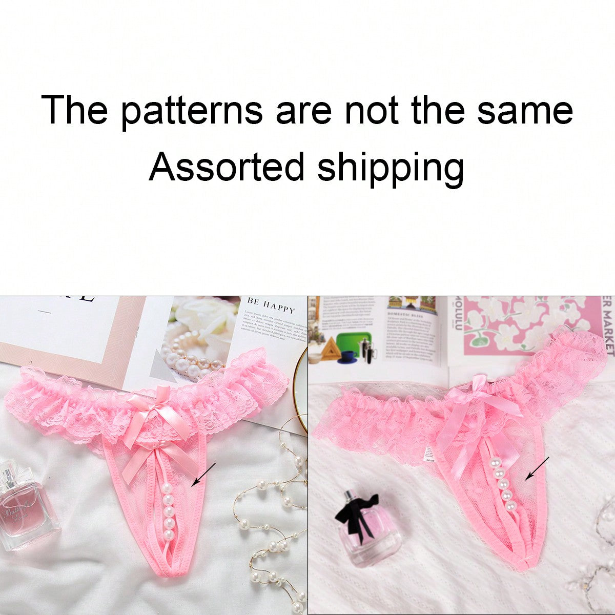 1pc Sexy Lace Crotchless Thong With Massage Pearl Detail