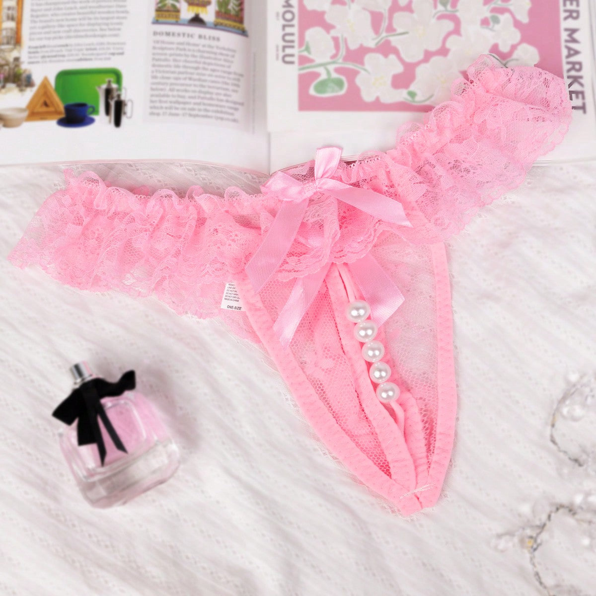 1pc Sexy Lace Crotchless Thong With Massage Pearl Detail