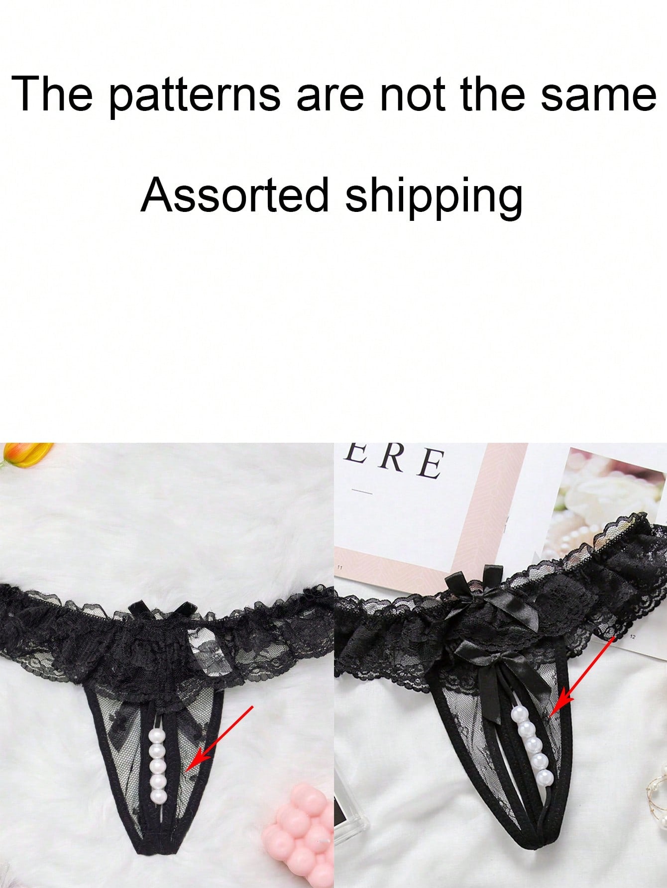 1pc Sexy Lace Crotchless Thong With Massage Pearl Detail