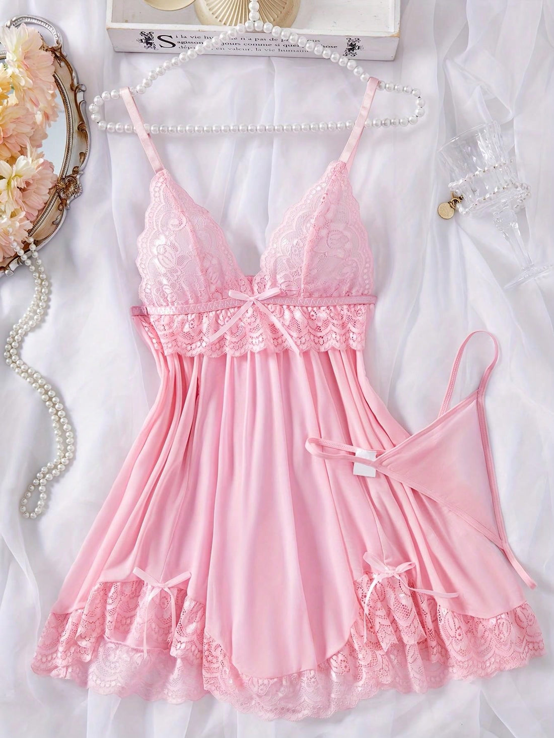 2pcs Women Sexy Solid Contrast Lace Nightdress Set, V-Neck Backless Asymmetrical Hem Camisole Dress And Thong, Comfy Sleepwear