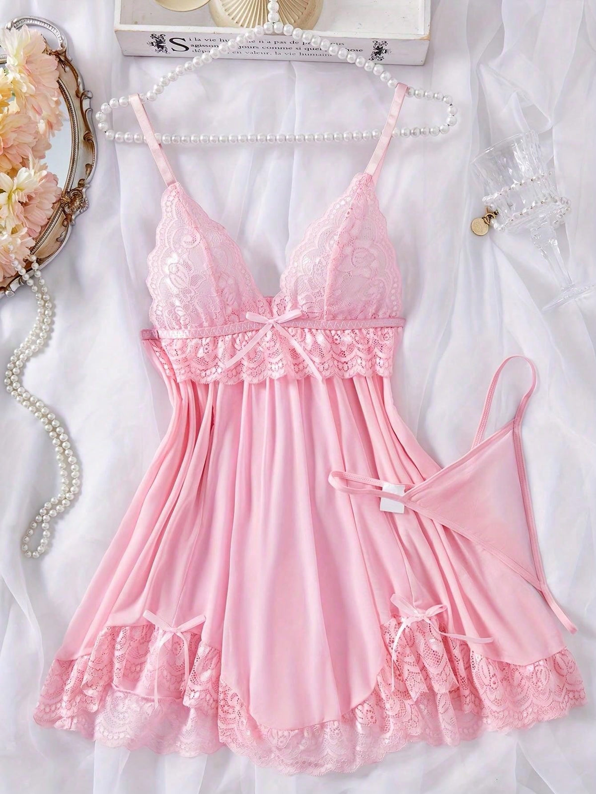 2pcs Women Sexy Solid Contrast Lace Nightdress Set, V-Neck Backless Asymmetrical Hem Camisole Dress And Thong, Comfy Sleepwear