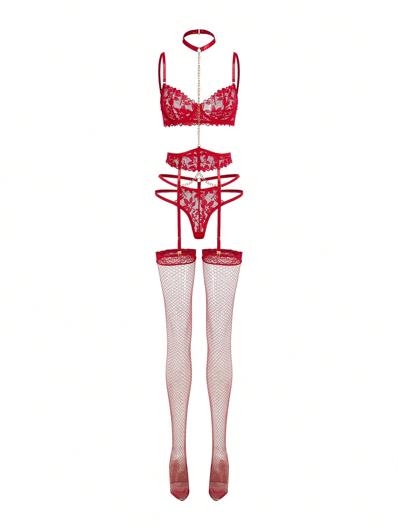 Five-piece floral lace lingerie set featuring an underwire bra with adjustable spaghetti straps, matching V-string panty, garter details, and one pair of stockings in a semi-sheer cut-out design.